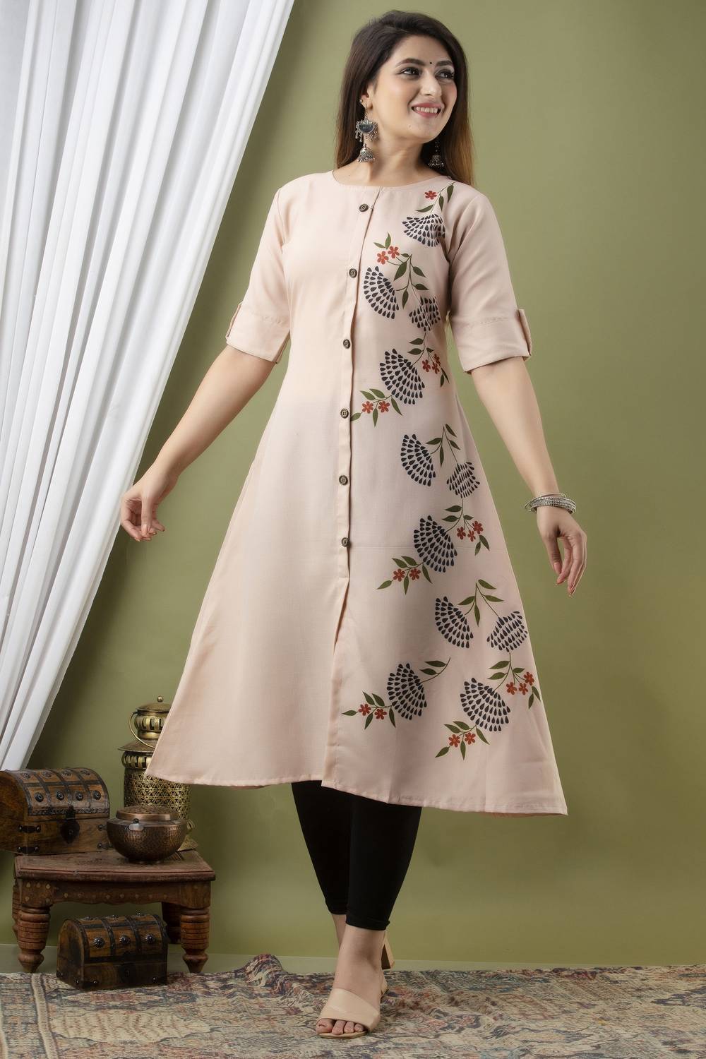 Zivapez Women Floral Print Pure Cotton Frontslit Kurta (Pink)