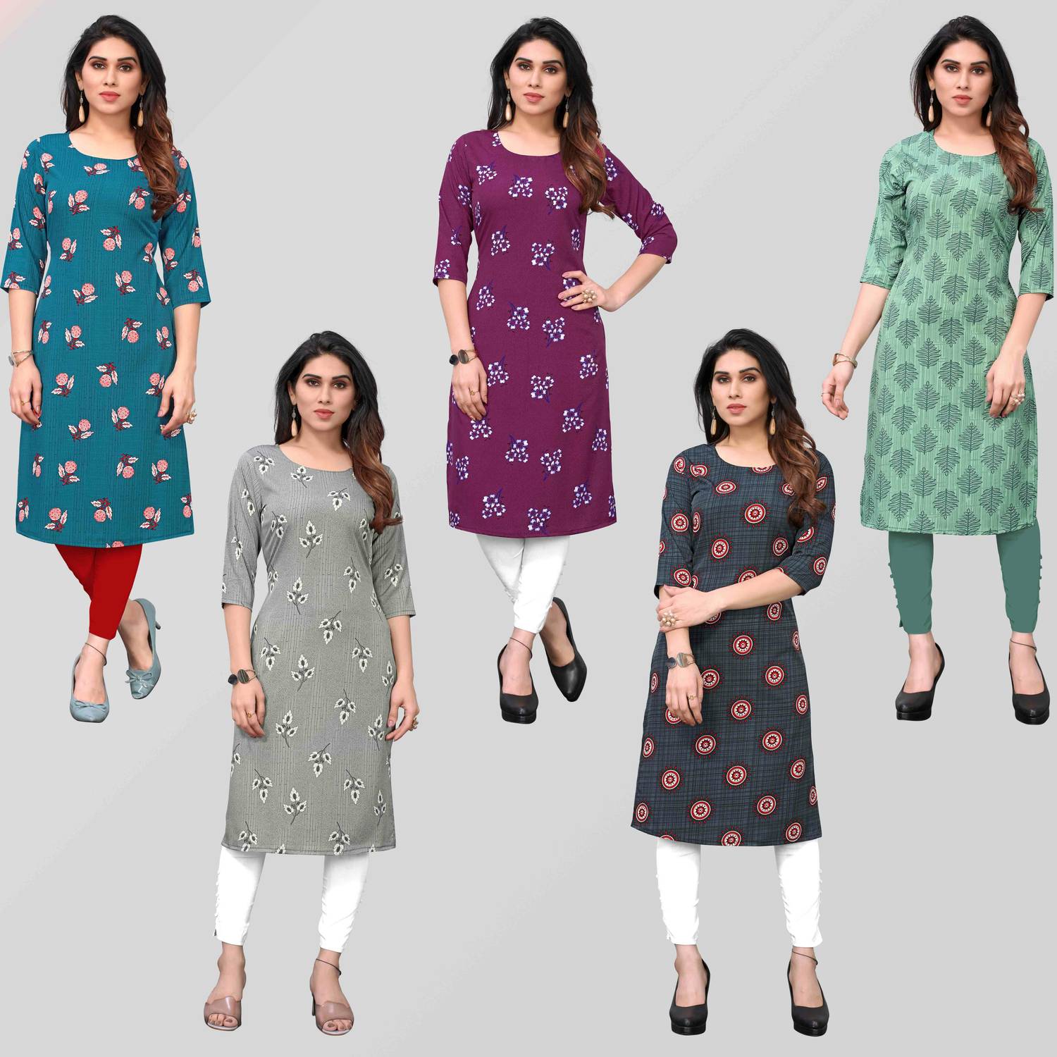 KETAKI FASHION Pack of 5 Women Printed Crepe Straight Kurta (Mult