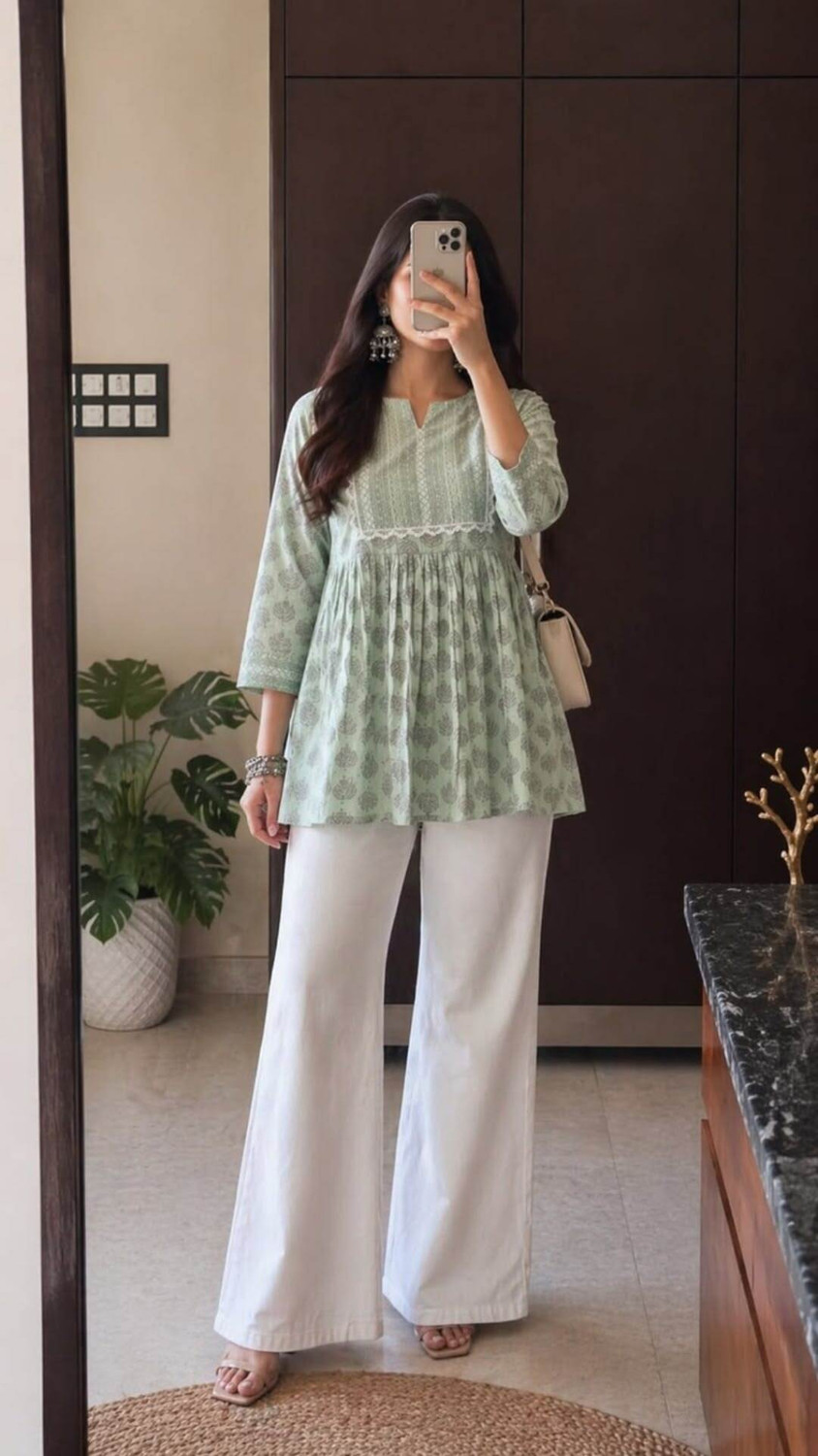Image of Lascaux Printed Viscose Rayon Flared Kurta for Women (Light Green)