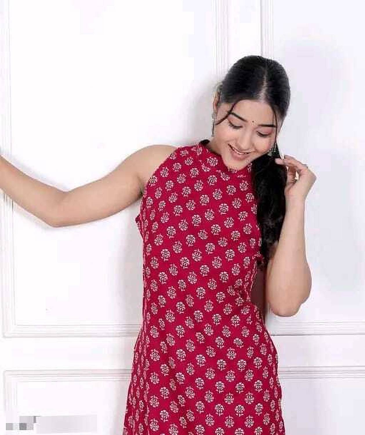 VEDRAJ Women Printed Cotton Blend A-line Kurta (Pink)