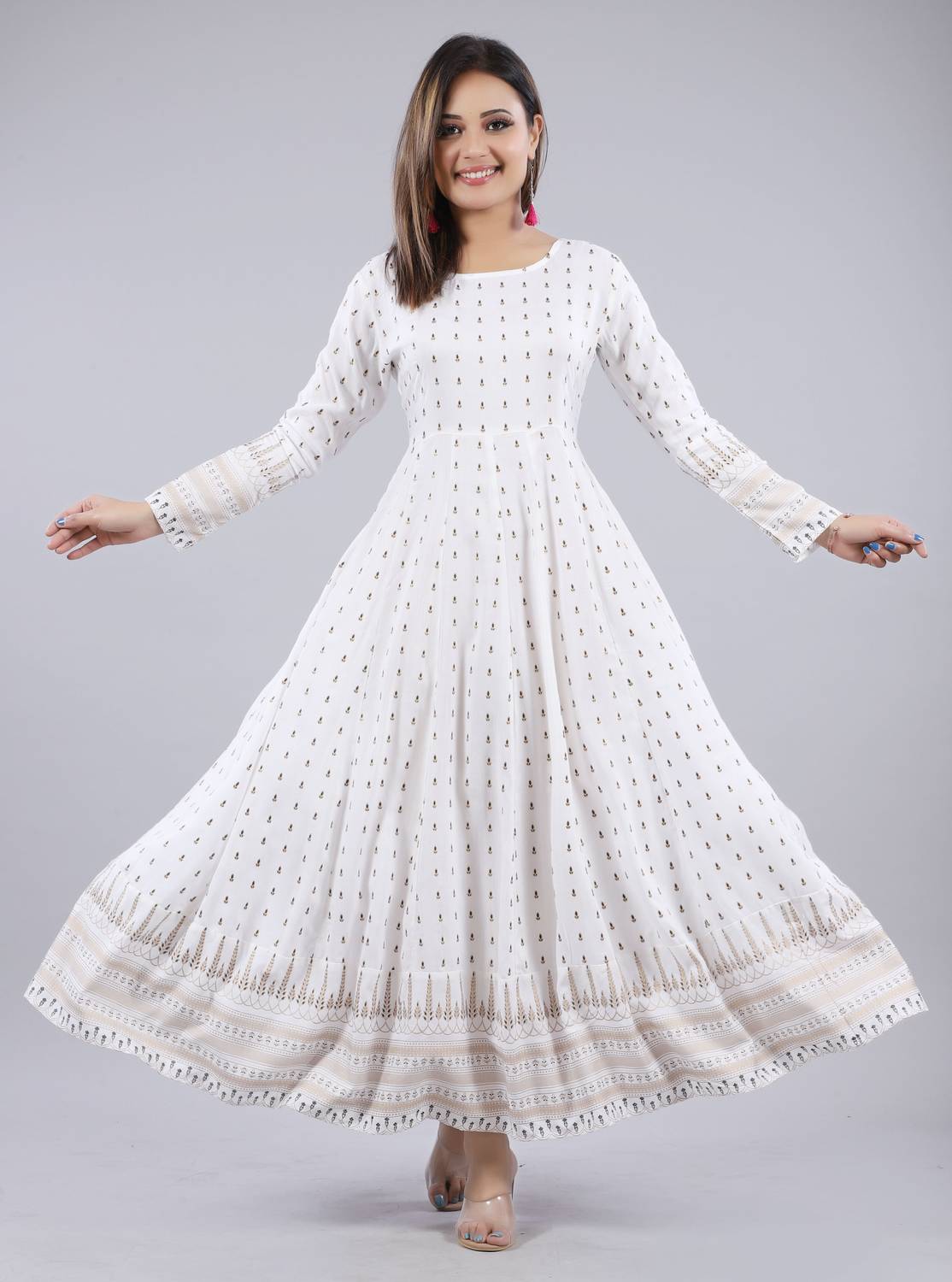 CHARVI CREATION Women Printed Viscose Rayon Anarkali Kurta (White