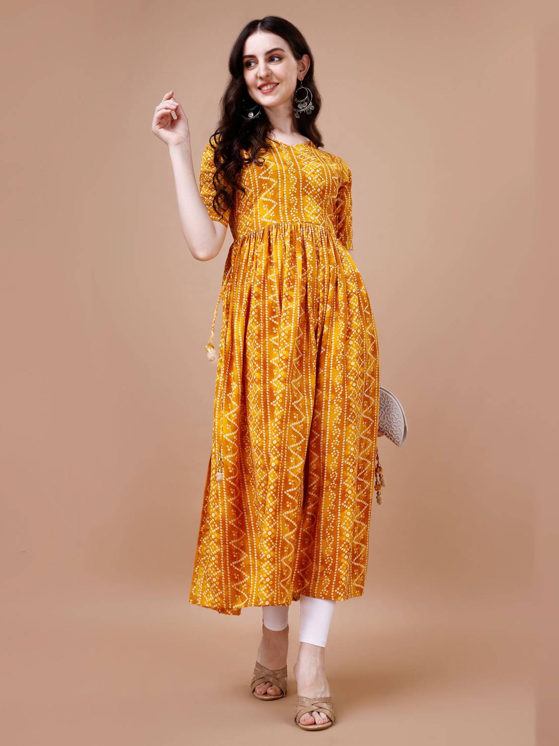 Glomee Women Bandhani Polyester Flared Kurta (Yellow)