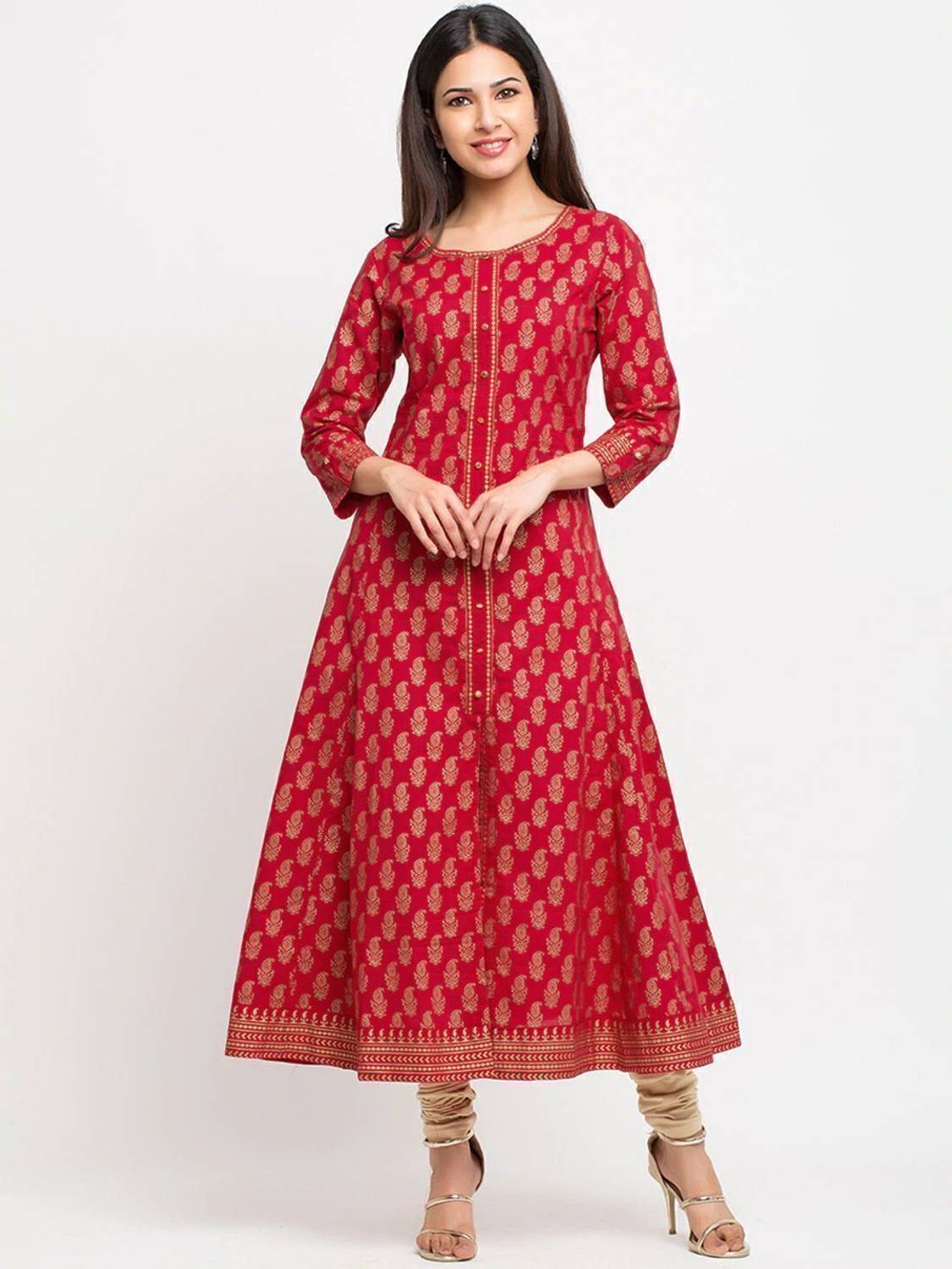 AKIKO Women Printed Pure Cotton Anarkali Kurta (Red)