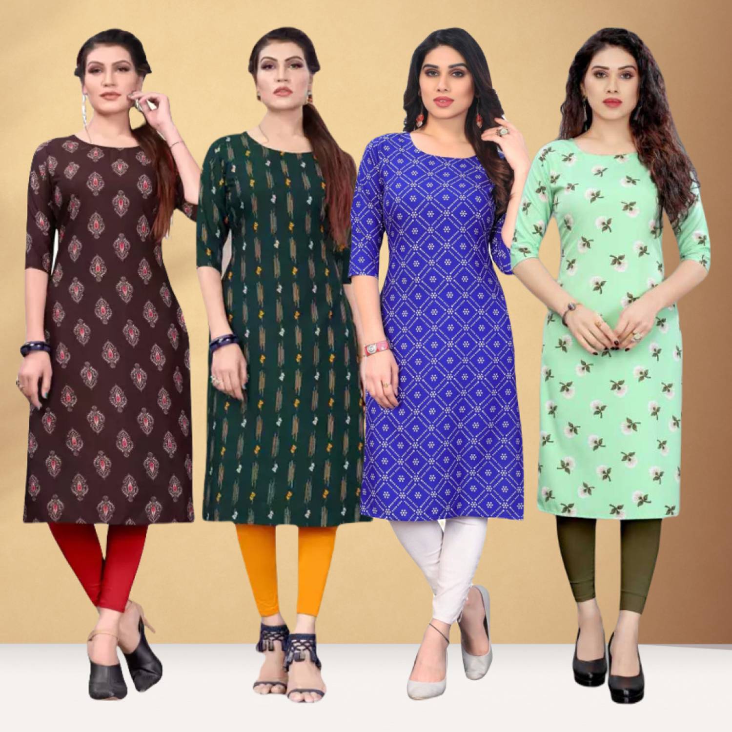 Hiral Pack of 4 Women Printed Crepe Straight Kurta (Blue)