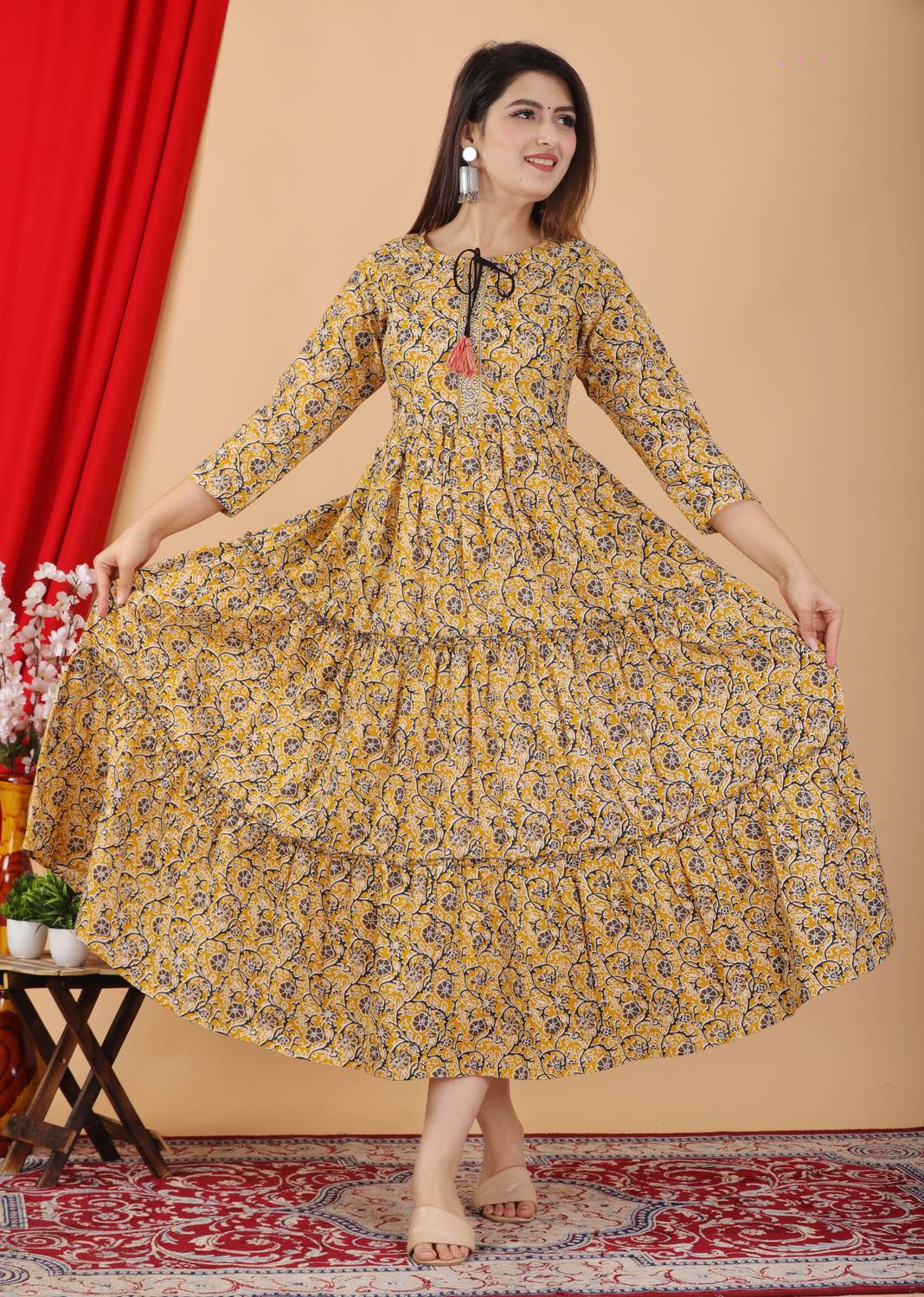 Most Women Printed Pure Cotton Flared Kurta (Yellow)
