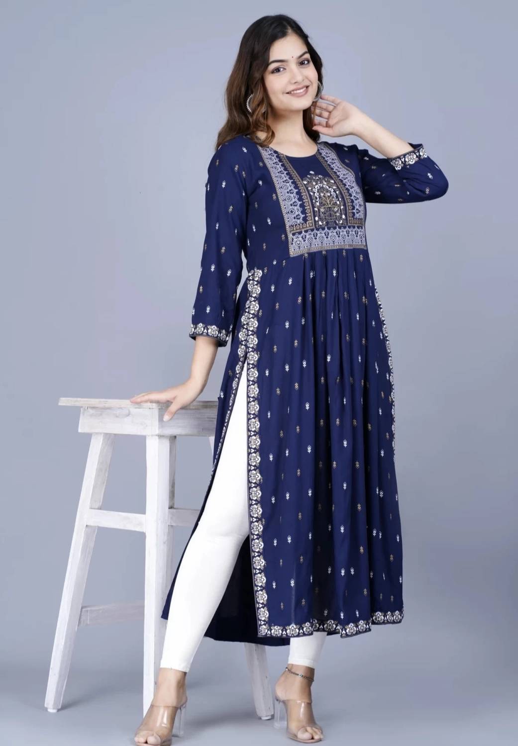 MARISY Women Printed Viscose Rayon A-line Kurta (Dark Blue)