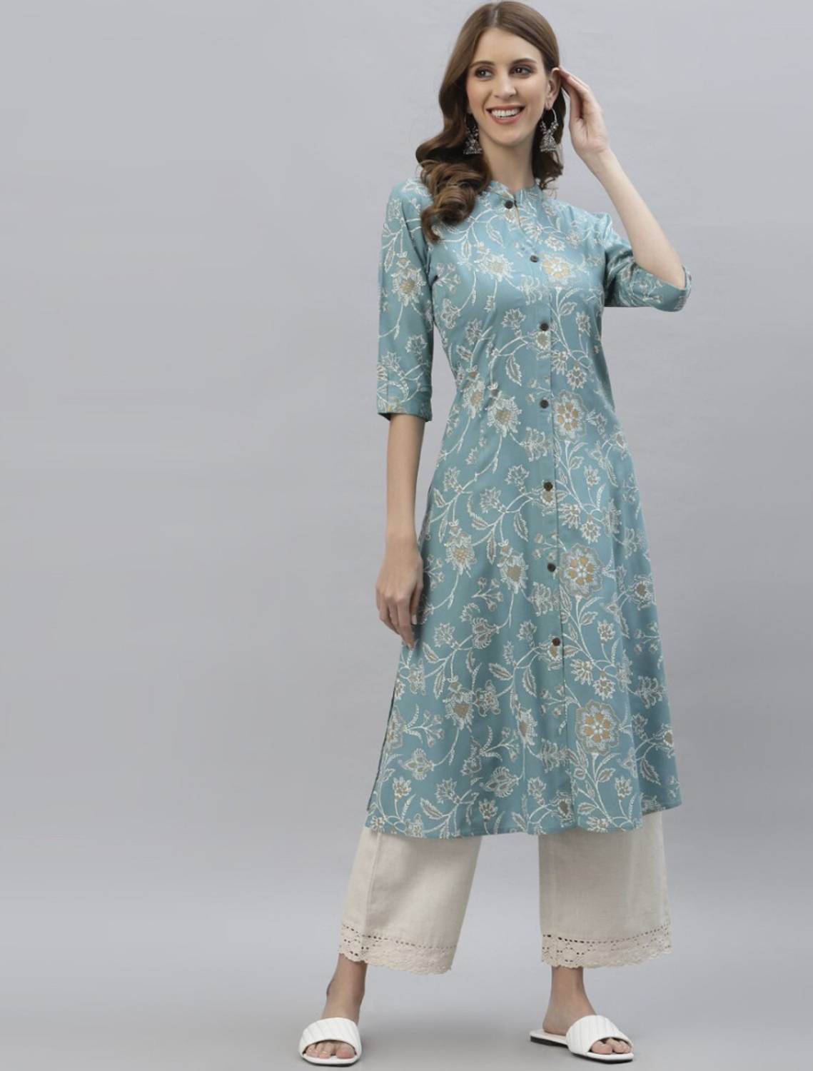 Yaduka Women Floral Print Viscose Rayon A-line Kurta (Light Blue)