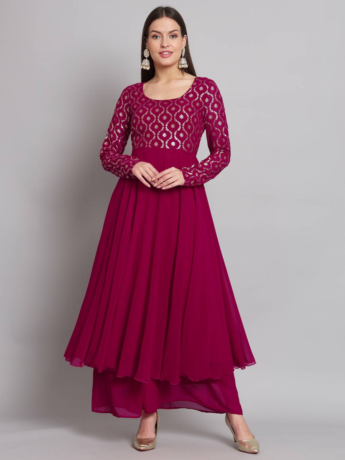 Poshak Hub Women Printed Georgette Anarkali Kurta (Pink)