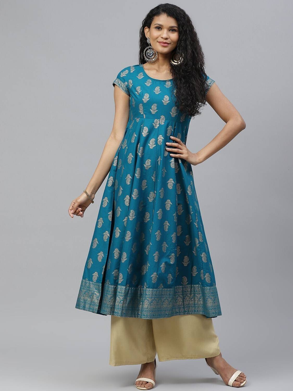 poshak Women Printed Cotton Blend Flared Kurta (Blue)