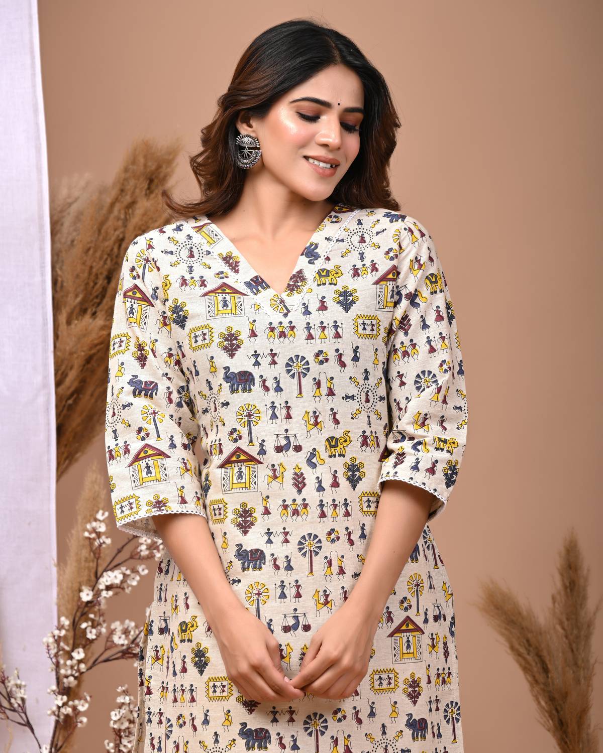 Rimeline Fashion Women Printed Pure Cotton Straight Kurta (Beige)