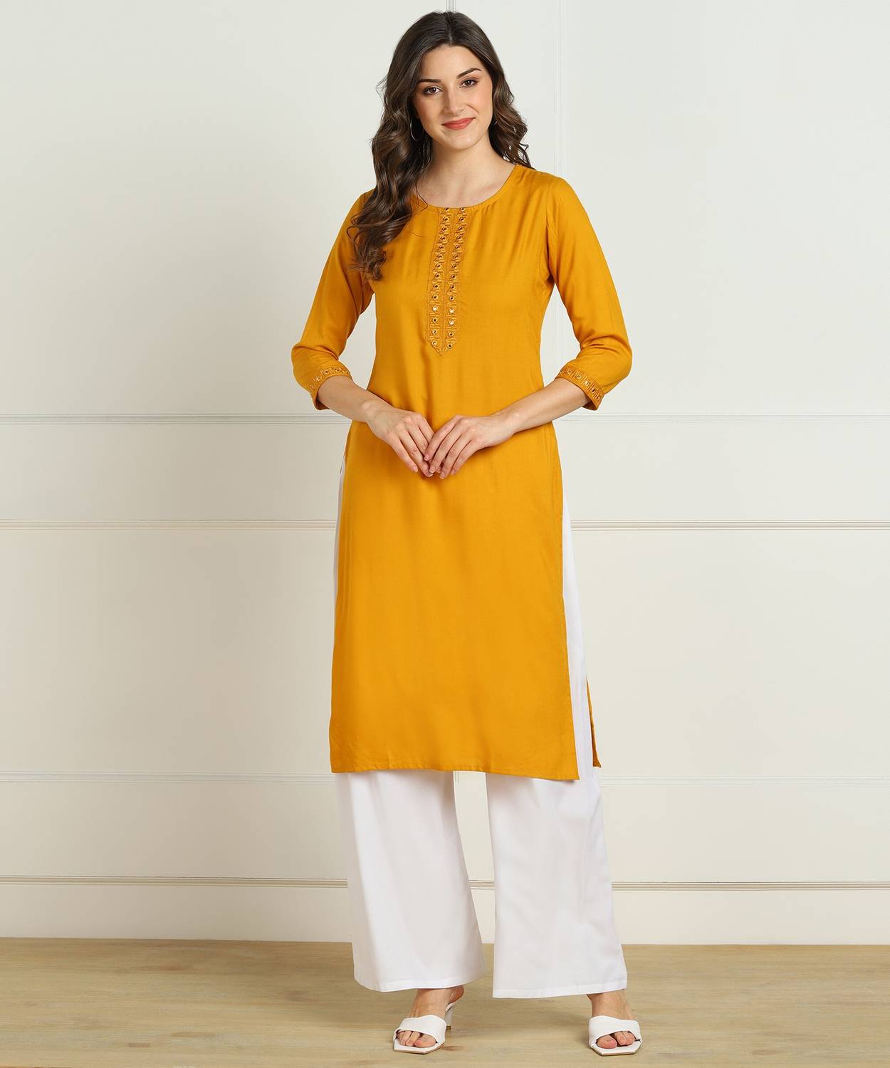 VEDANA Women Embroidered Viscose Rayon Straight Kurta (Yellow)