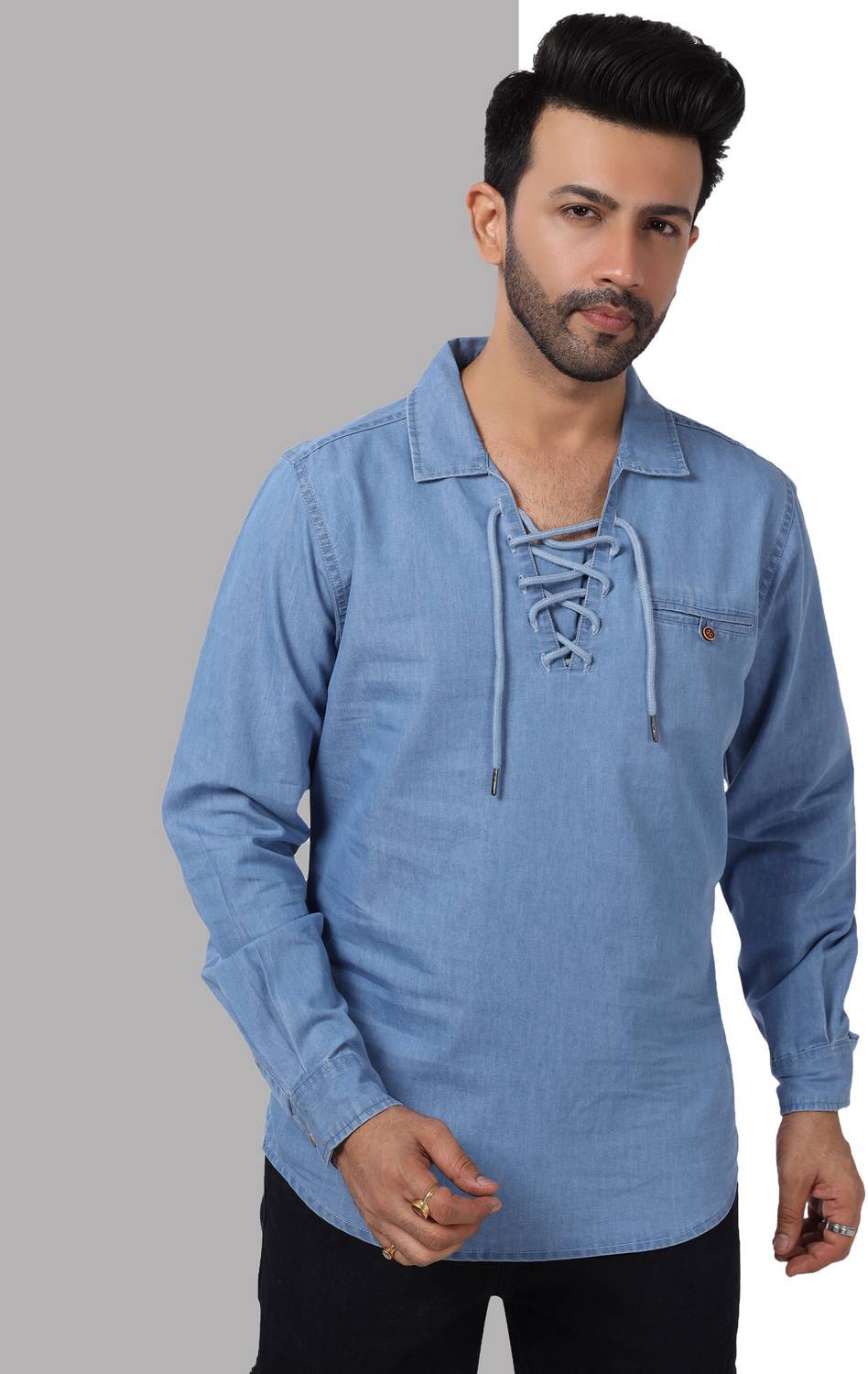 D Finish Men Blue Solid Straight Kurta - Image 4