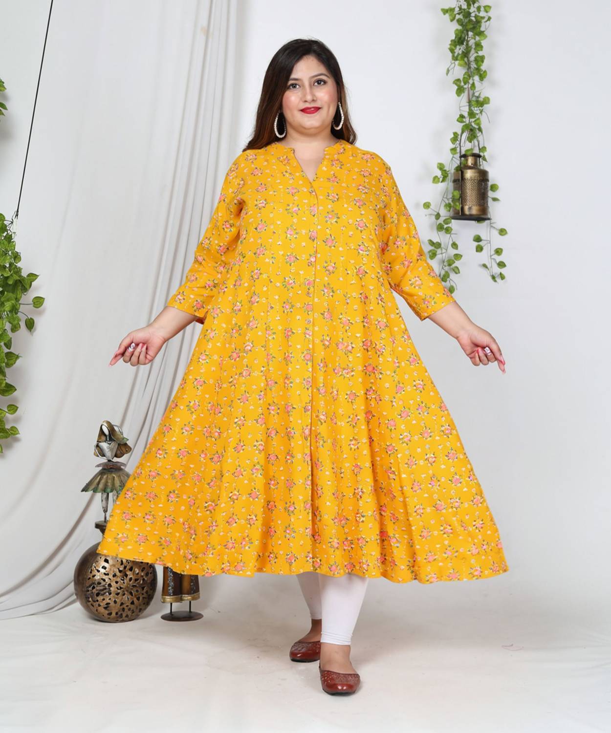 Swasti Women Printed Cotton Blend Gown Kurta (Yellow)