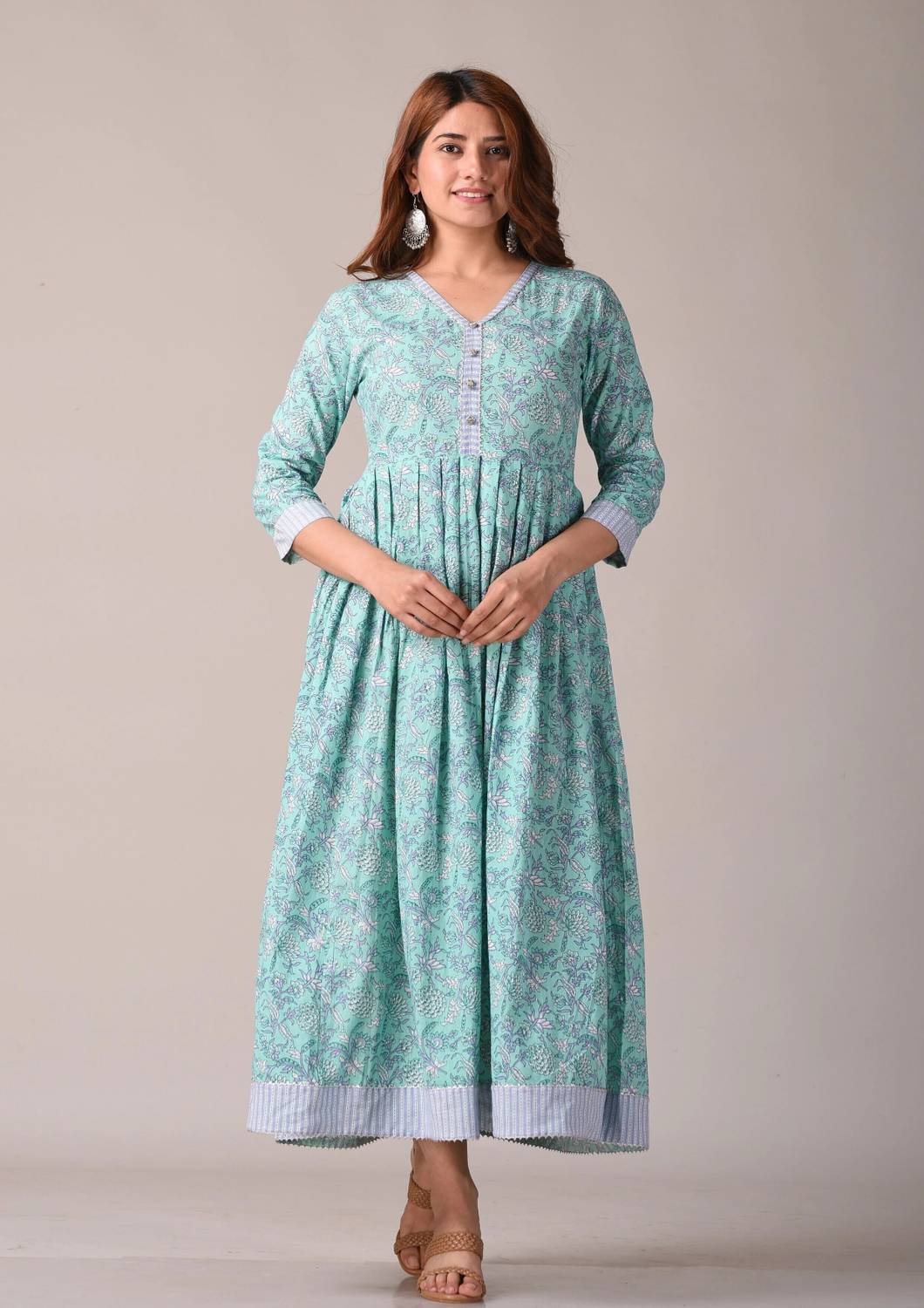 Kannahi Women Printed Pure Cotton Anarkali Kurta (Light Blue)