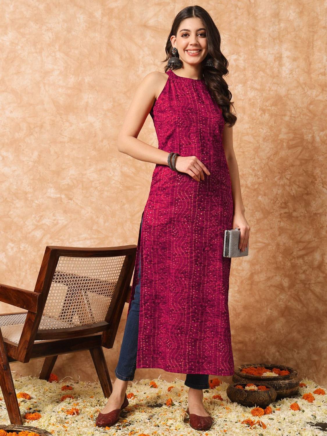 MEERANSHI LIVING Women Bandhani Straight Kurta