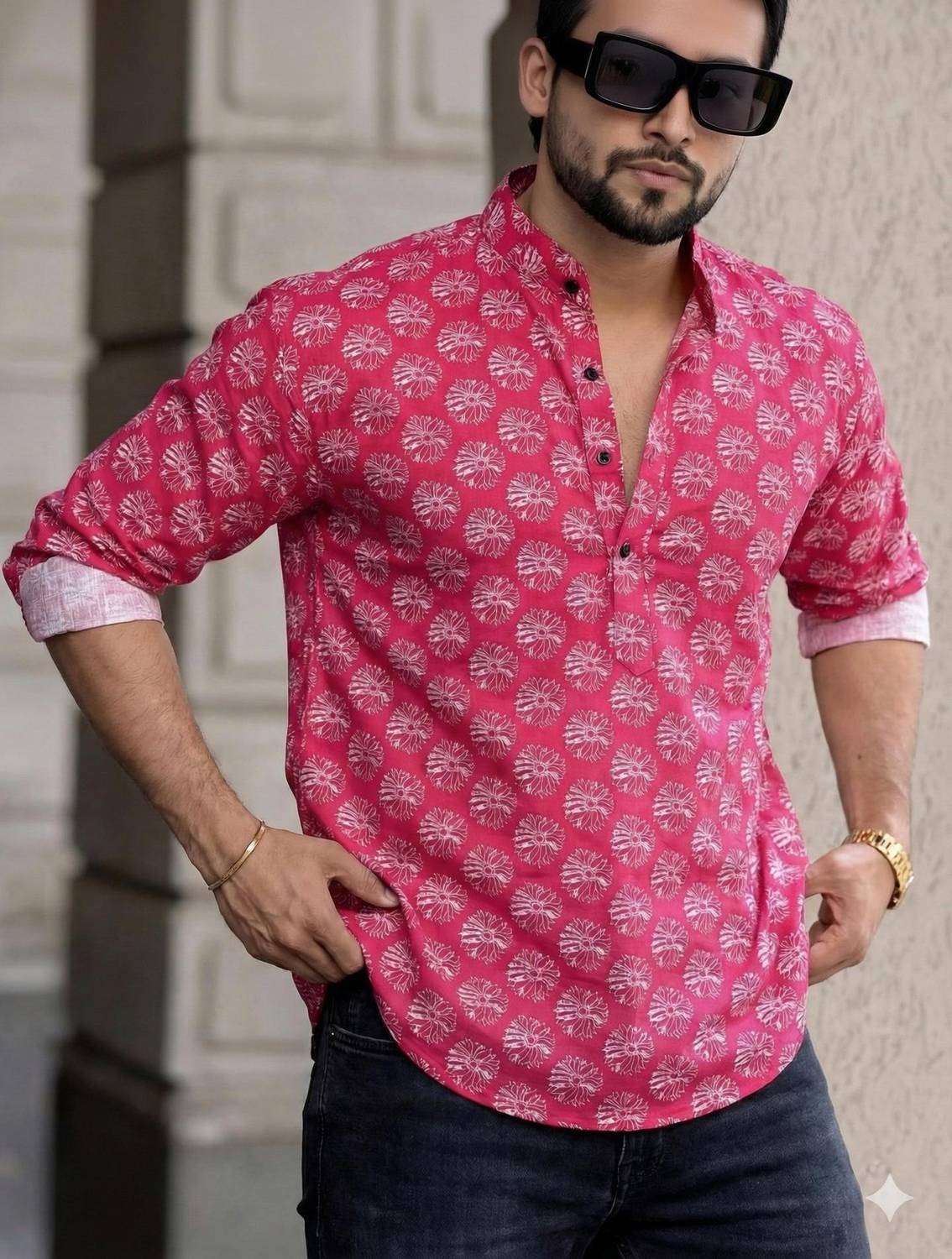 Poltern Men Printed Straight Pink Kurta