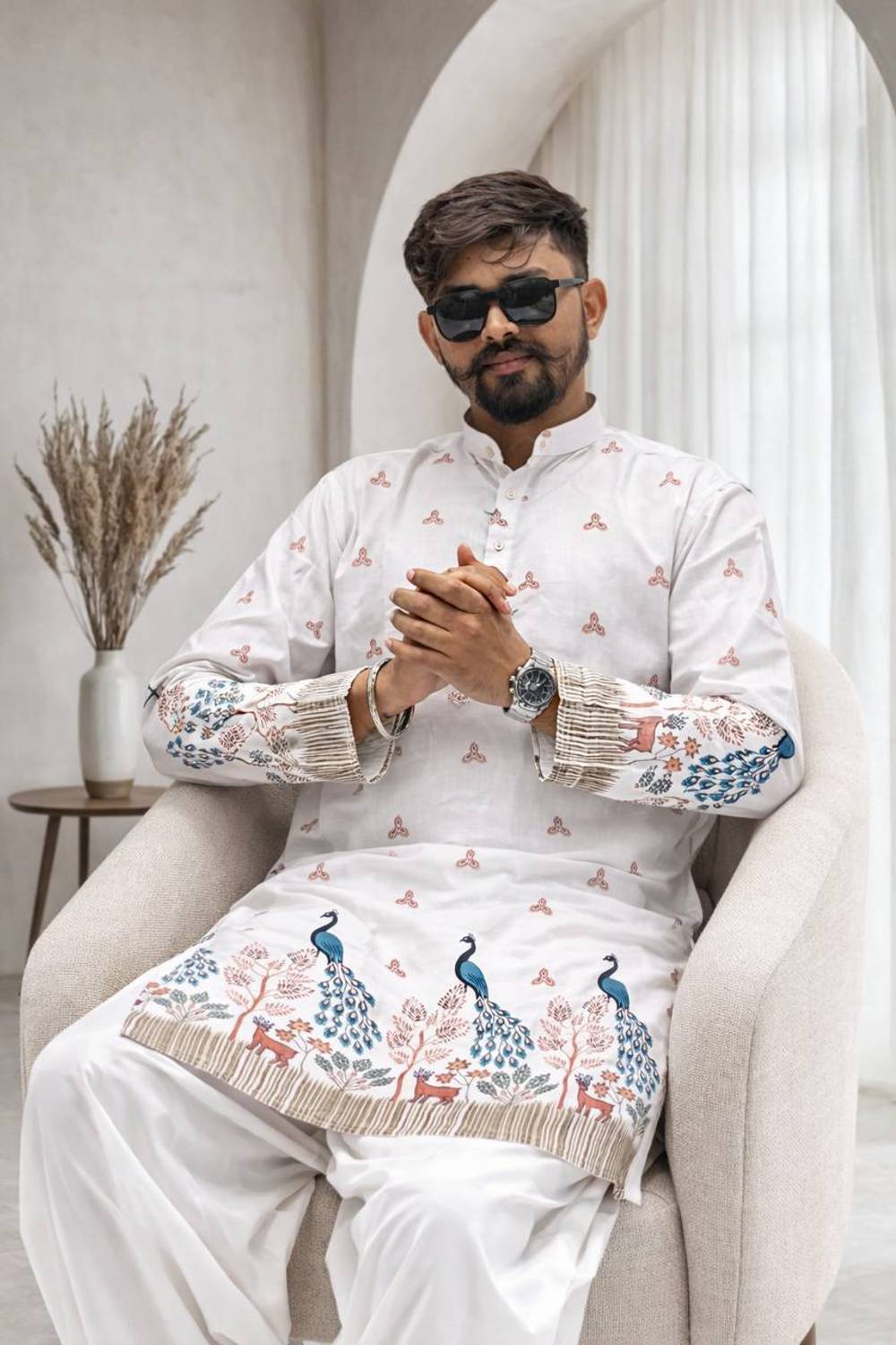 SANJU Men White Printed Straight Kurta - Image 4