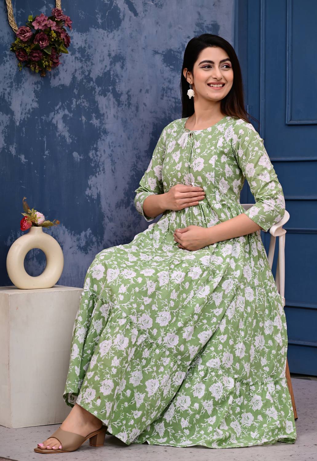 Most Women Printed Pure Cotton Flared Kurta (Green)