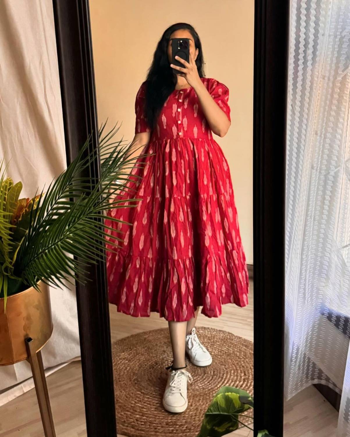 Nisang Women Ikat Cotton Rayon Anarkali Kurta (Red)