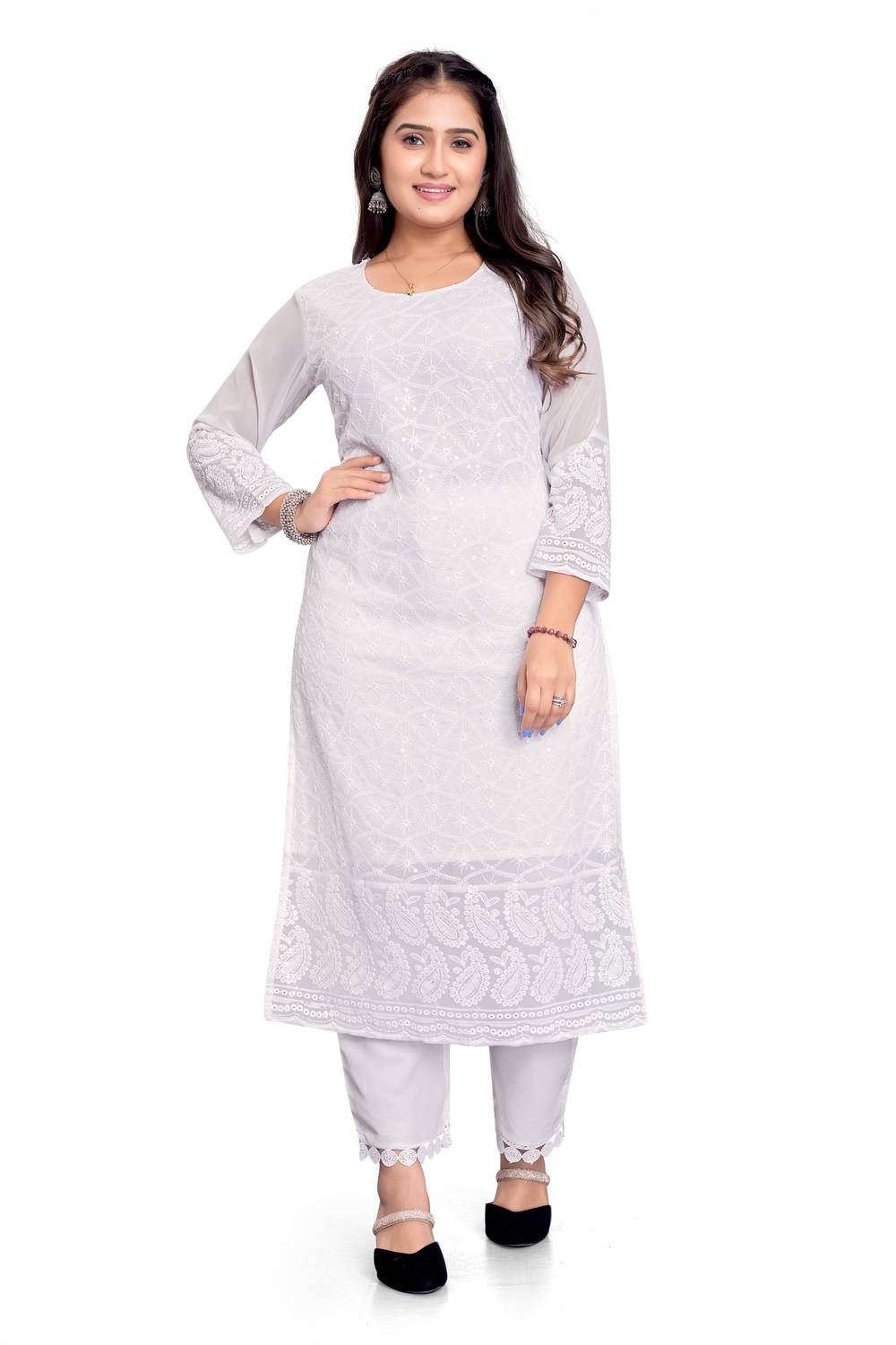 ZAZADIYA Women Chikan Embroidery Georgette Straight Kurta (White)