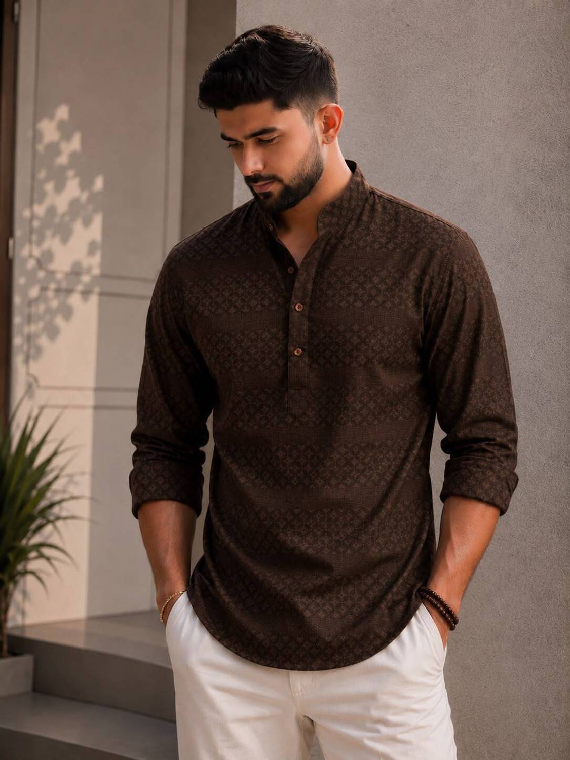VELLOSTA Men Printed A-line Kurta Brown