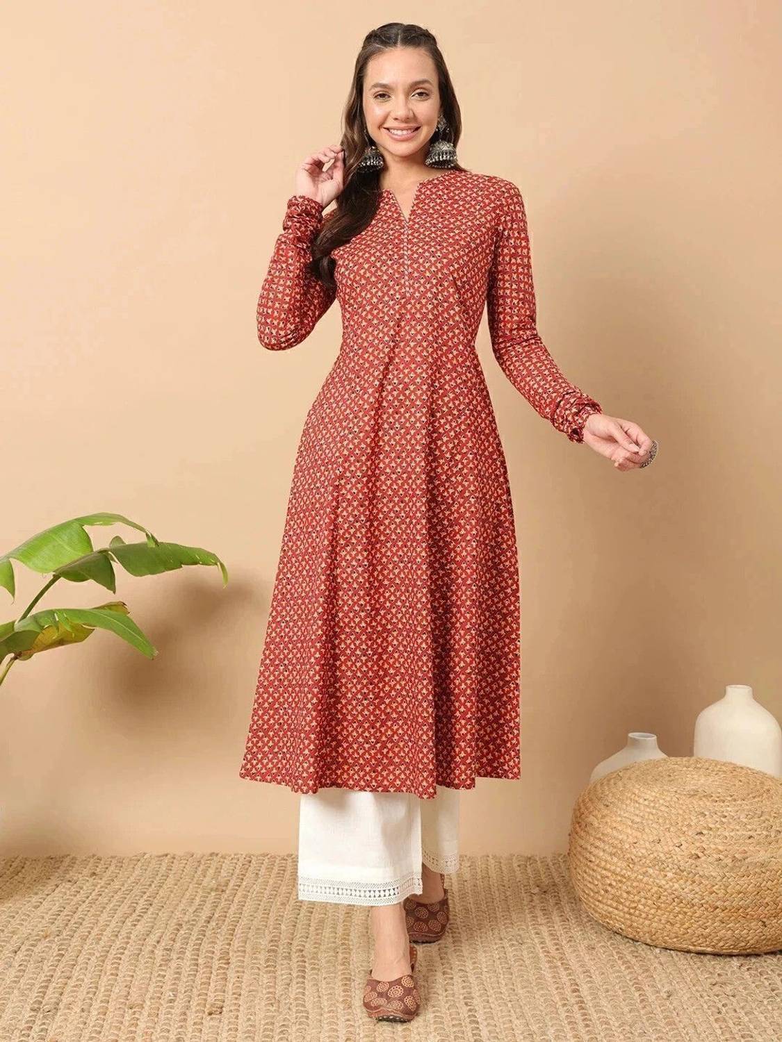 FIORRA Women Floral Print Pure Cotton A-line Kurta (Red)