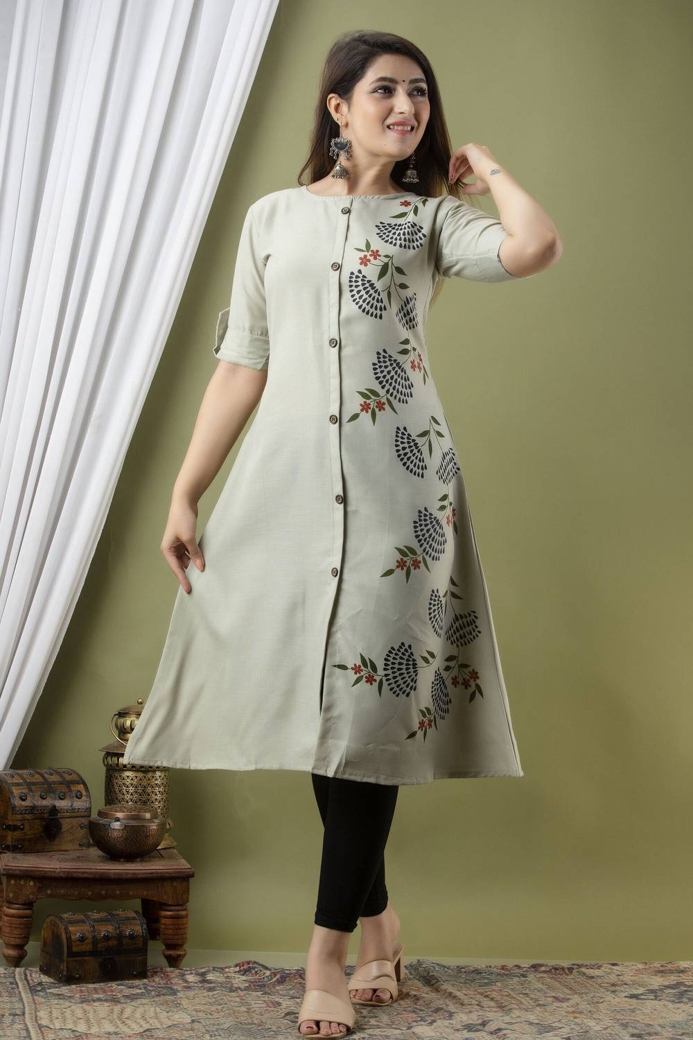 Zivapez Women Floral Print Pure Cotton Frontslit Kurta (Light Gre