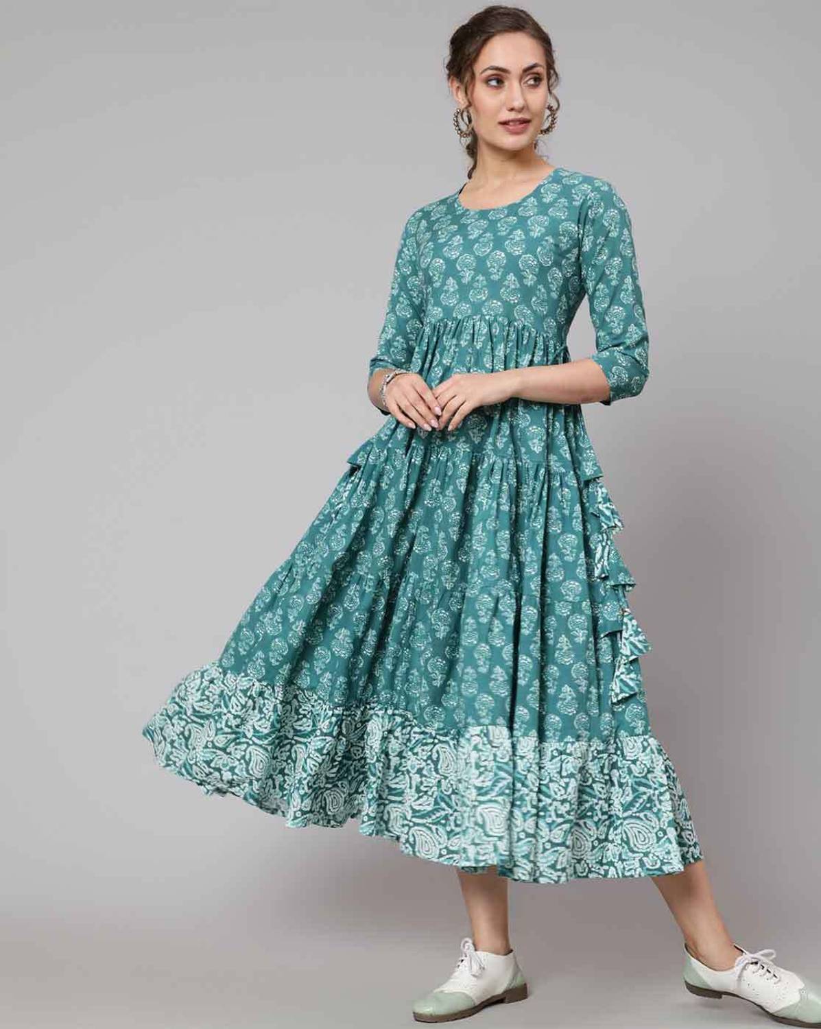 armoniya Women Floral Print Cotton Blend Anarkali Kurta (Green, W