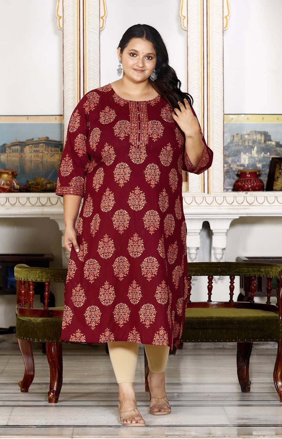 Swasti Women Printed Pure Cotton Straight Kurta (Brown, Purple)