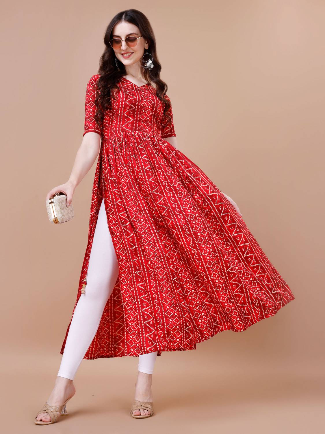Glomee Women Bandhani Polyester Flared Kurta (Red, White)