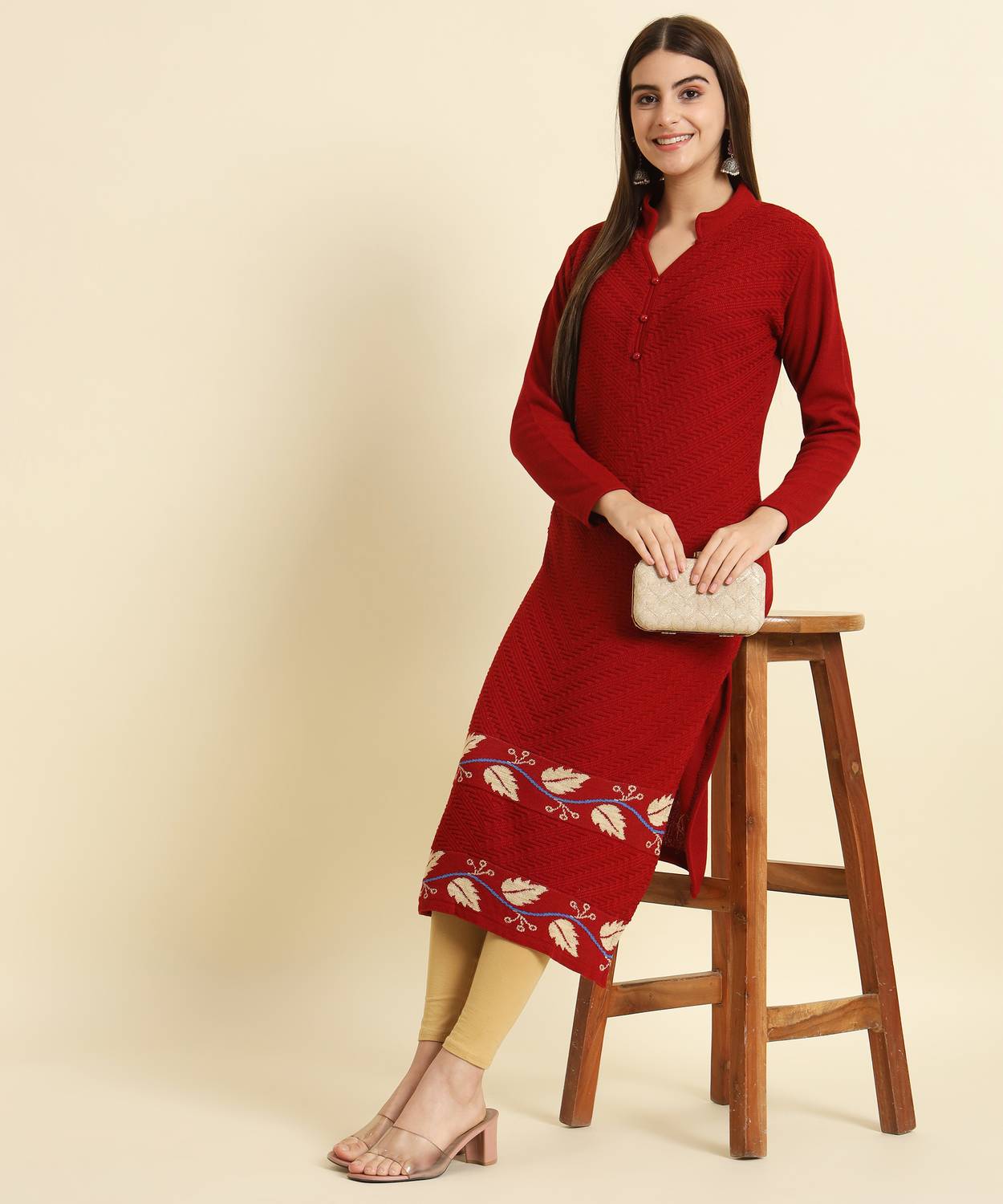 Tracy Women Printed Wool Straight Kurta (Maroon)