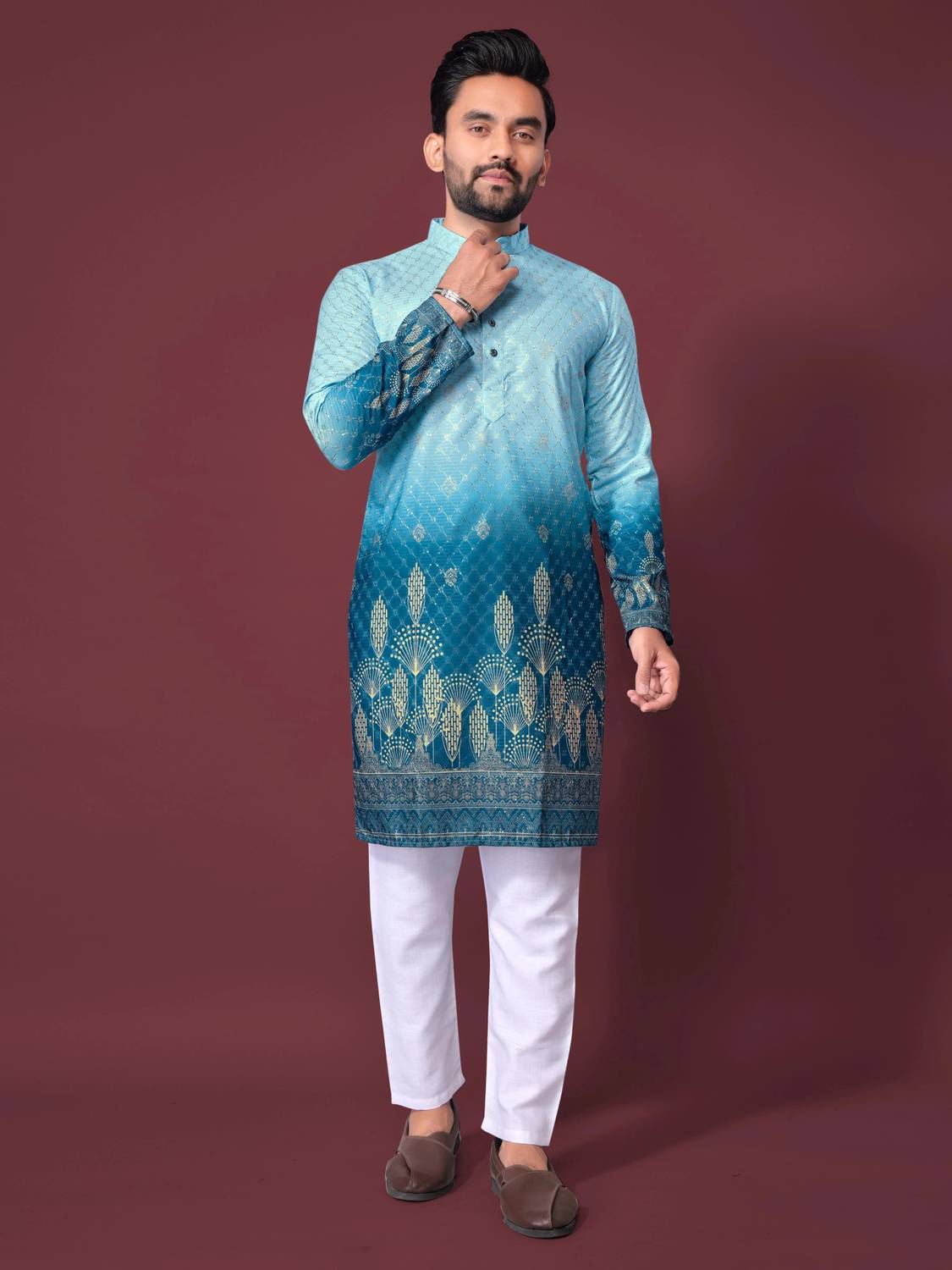 CRYSTALREVENUE Men Blue Printed Straight Kurta - Image 1