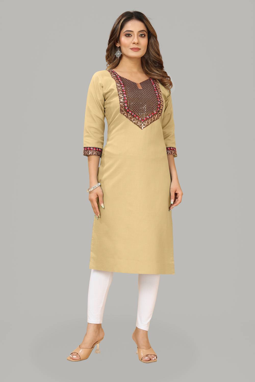 dhanshree tex Women Embellished Cotton Blend Straight Kurta (Beig