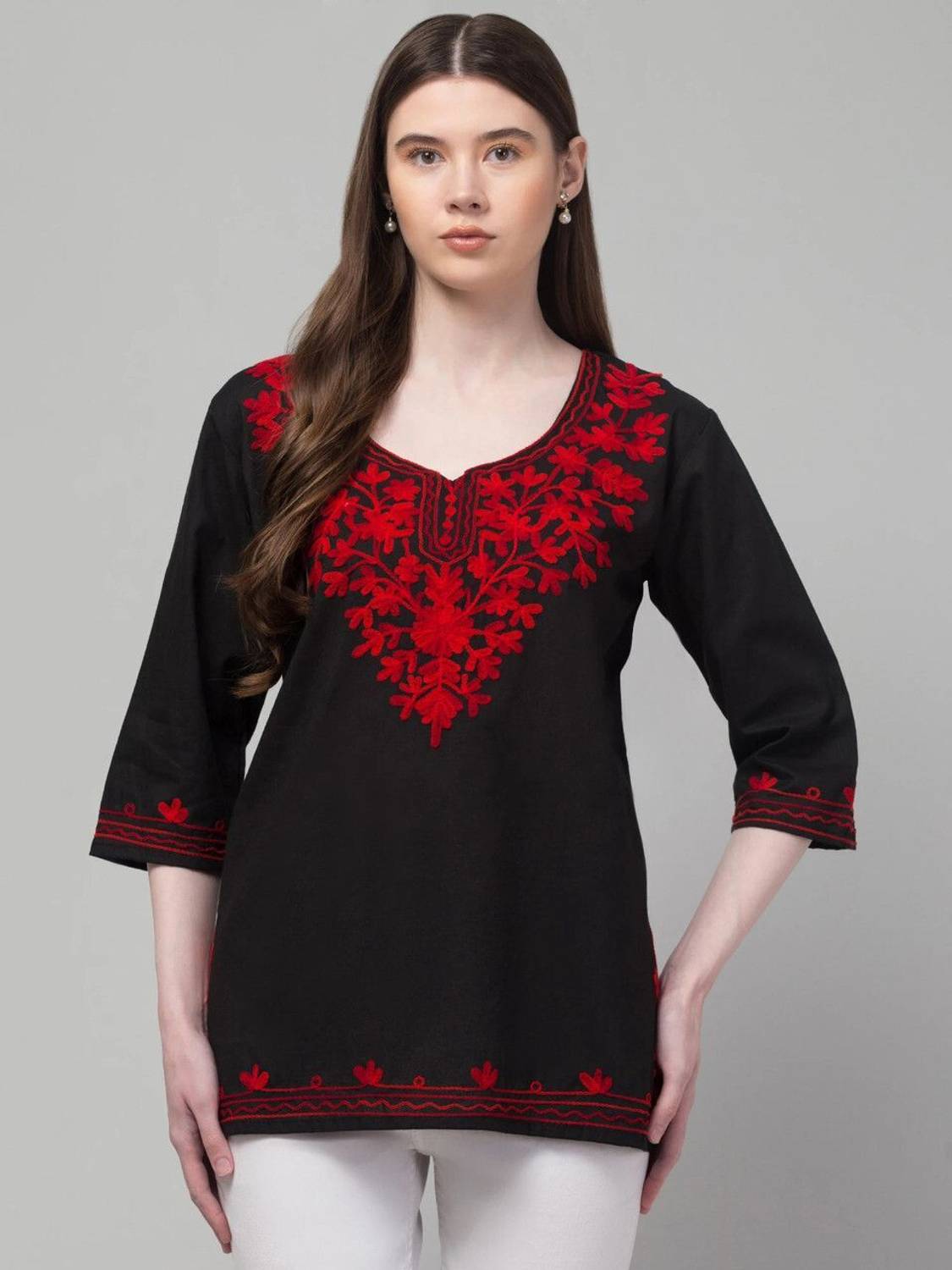 ERCOLE Women Chikan Embroidery Pure Cotton Tunic Kurta (Black, Re