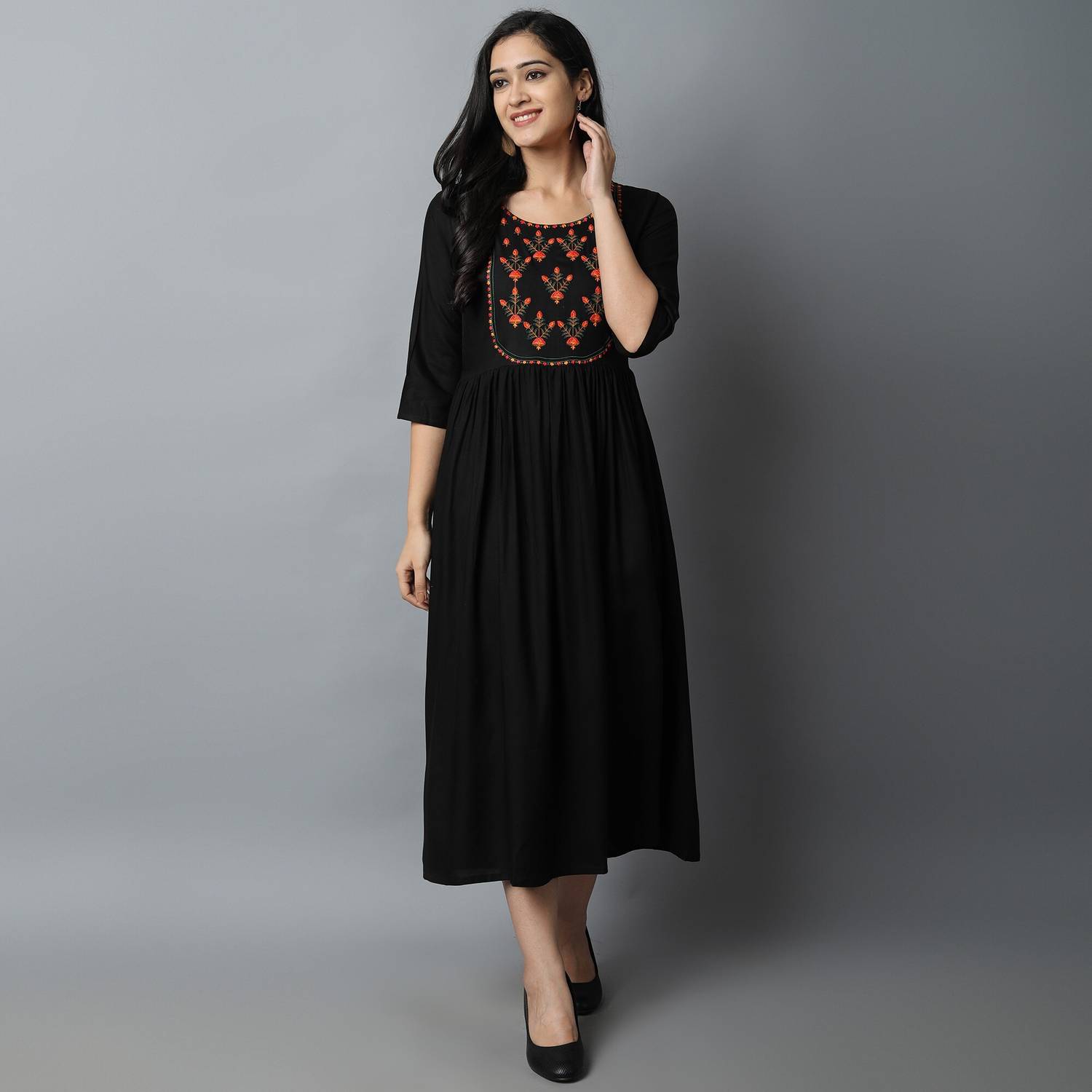 Kriska Women Embroidered Viscose Rayon A-line Kurta (Black)