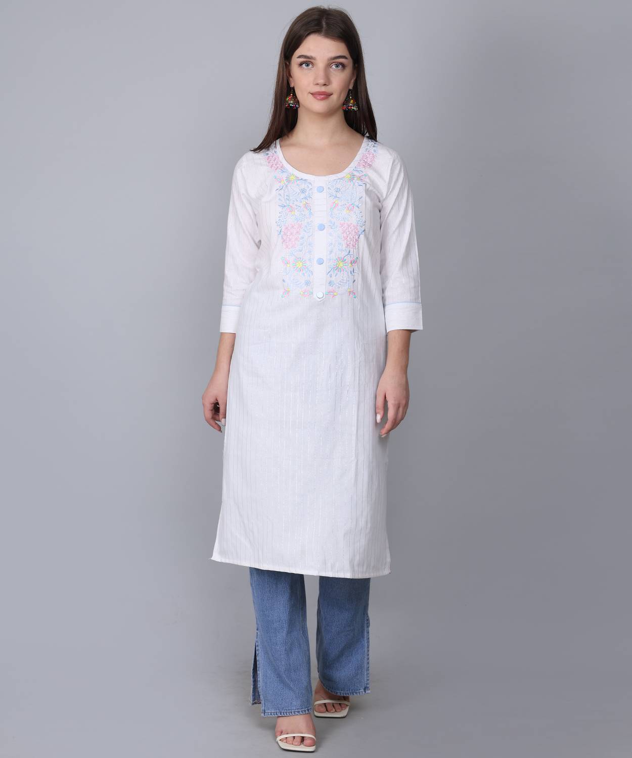 Maadwara Women Embroidered Cotton Blend A-line Kurta (Blue)