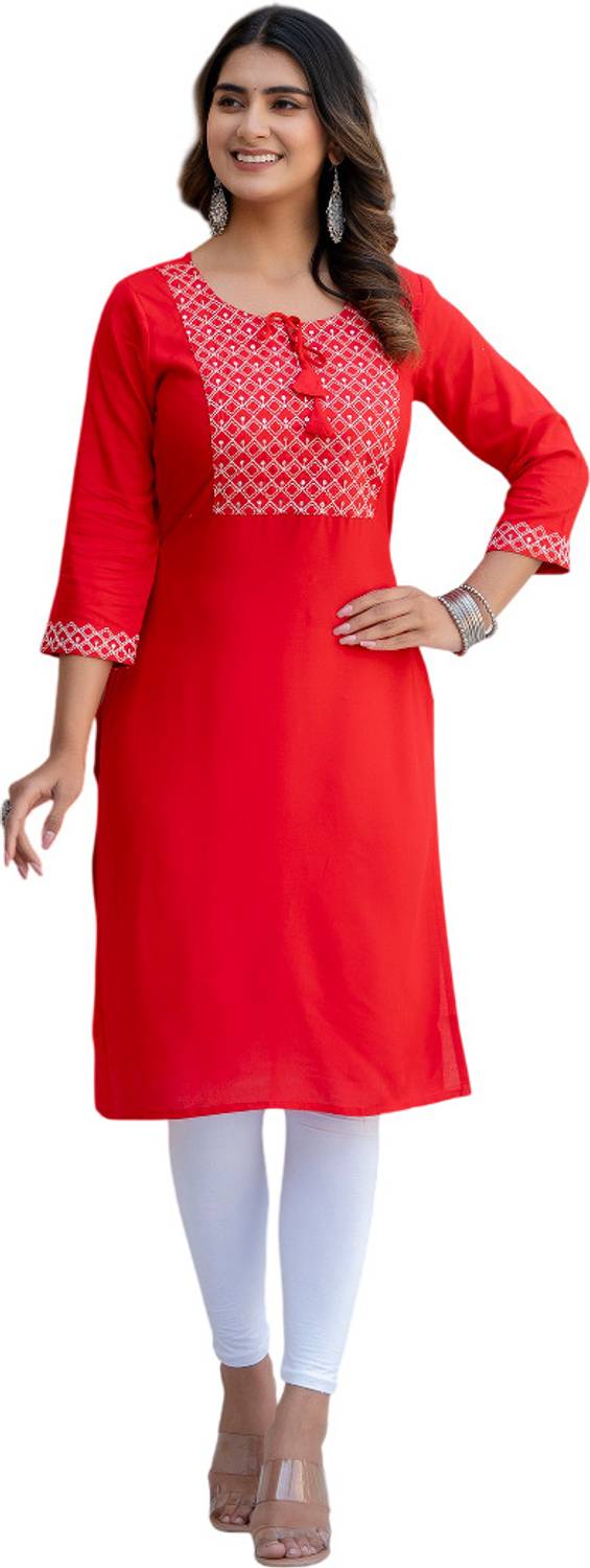 MF HAYAT Women Embroidered Viscose Rayon Straight Kurta (Red)