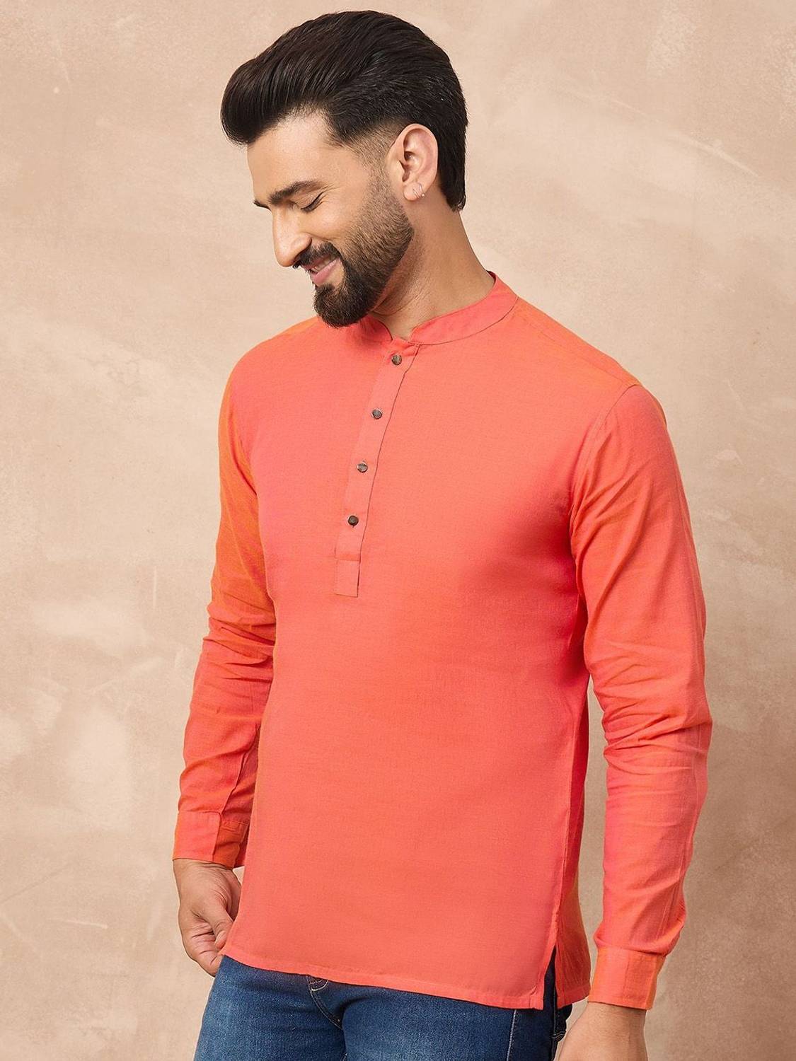 House of Pataudi Men Solid Straight Kurta Orange - Image 3