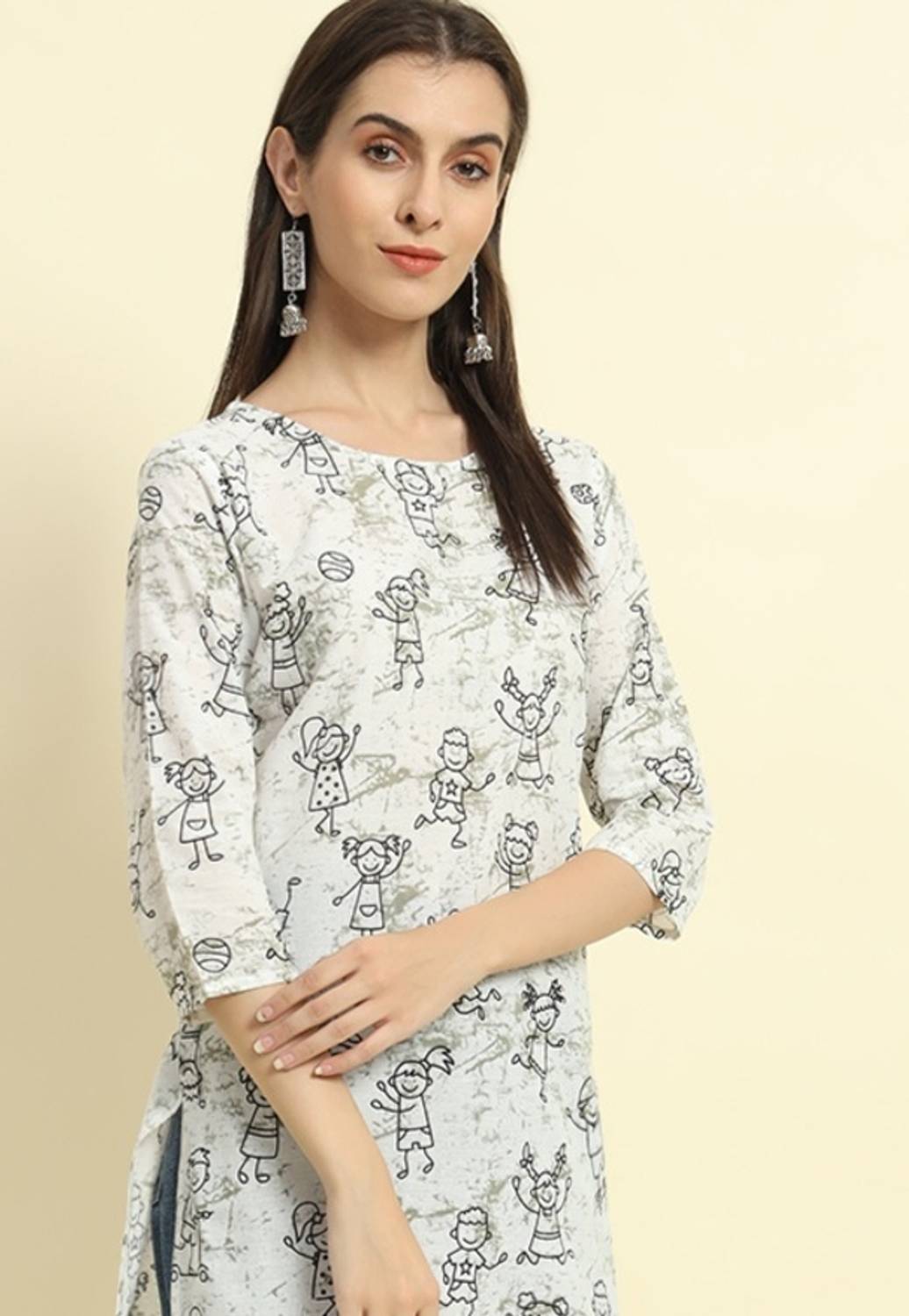 Surhi Women Printed Pure Cotton Straight Kurta (White)