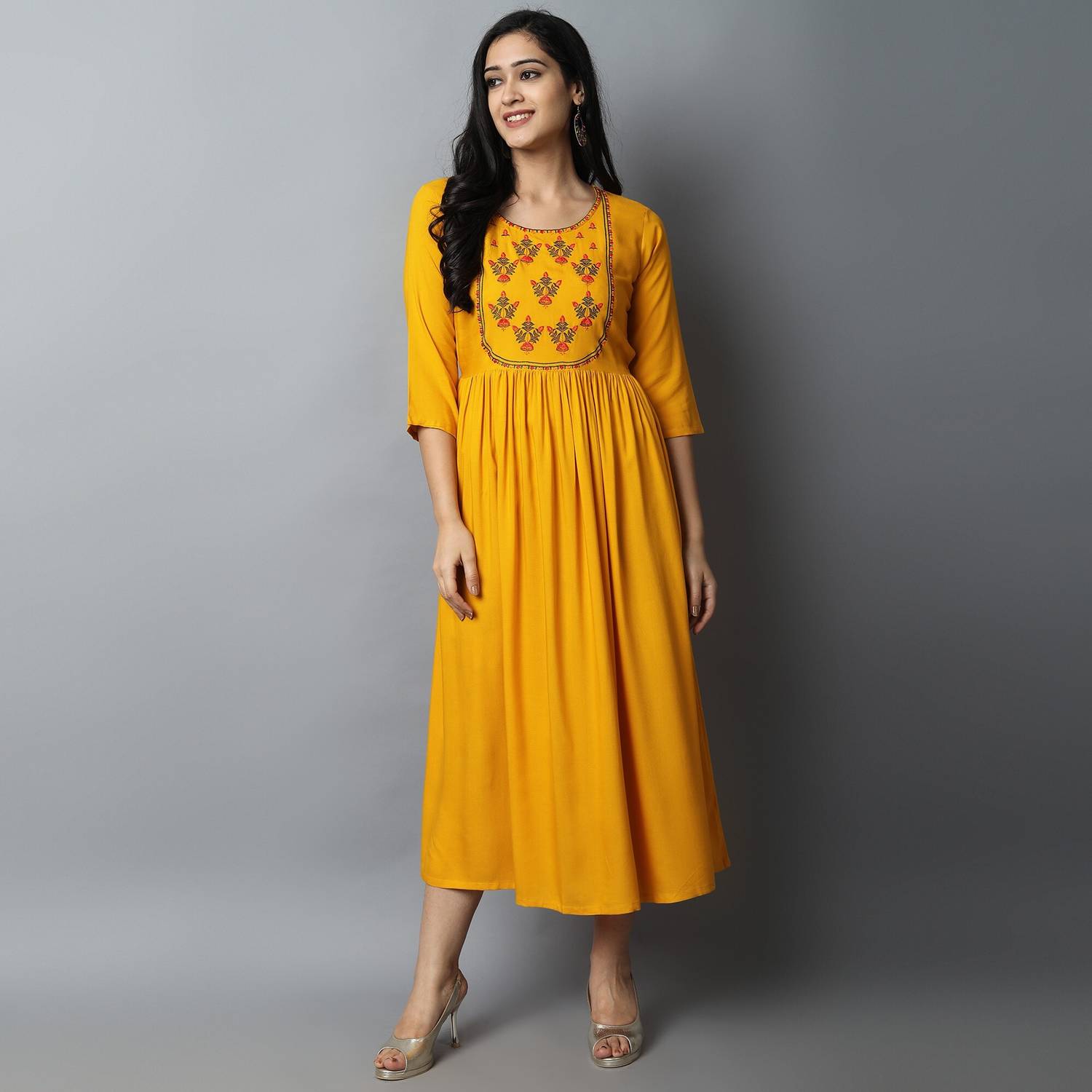 Kriska Women Embroidered Viscose Rayon A-line Kurta (Yellow)