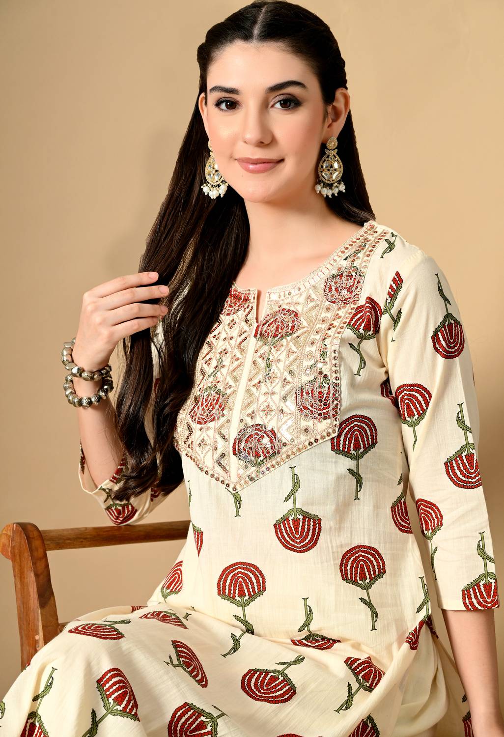 BKApparels Women Embroidered Pure Cotton Straight Kurta (Red)