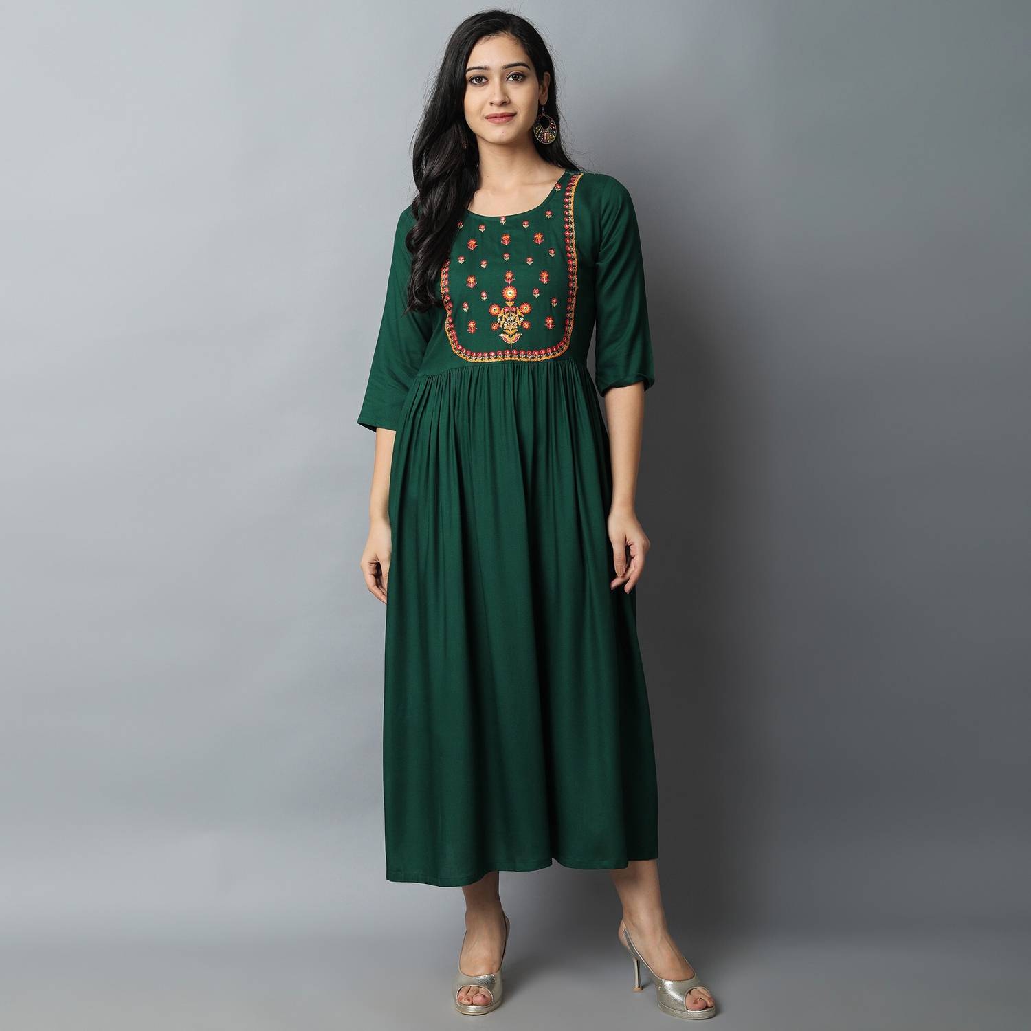 Kriska Women Embroidered Viscose Rayon A-line Kurta (Green)