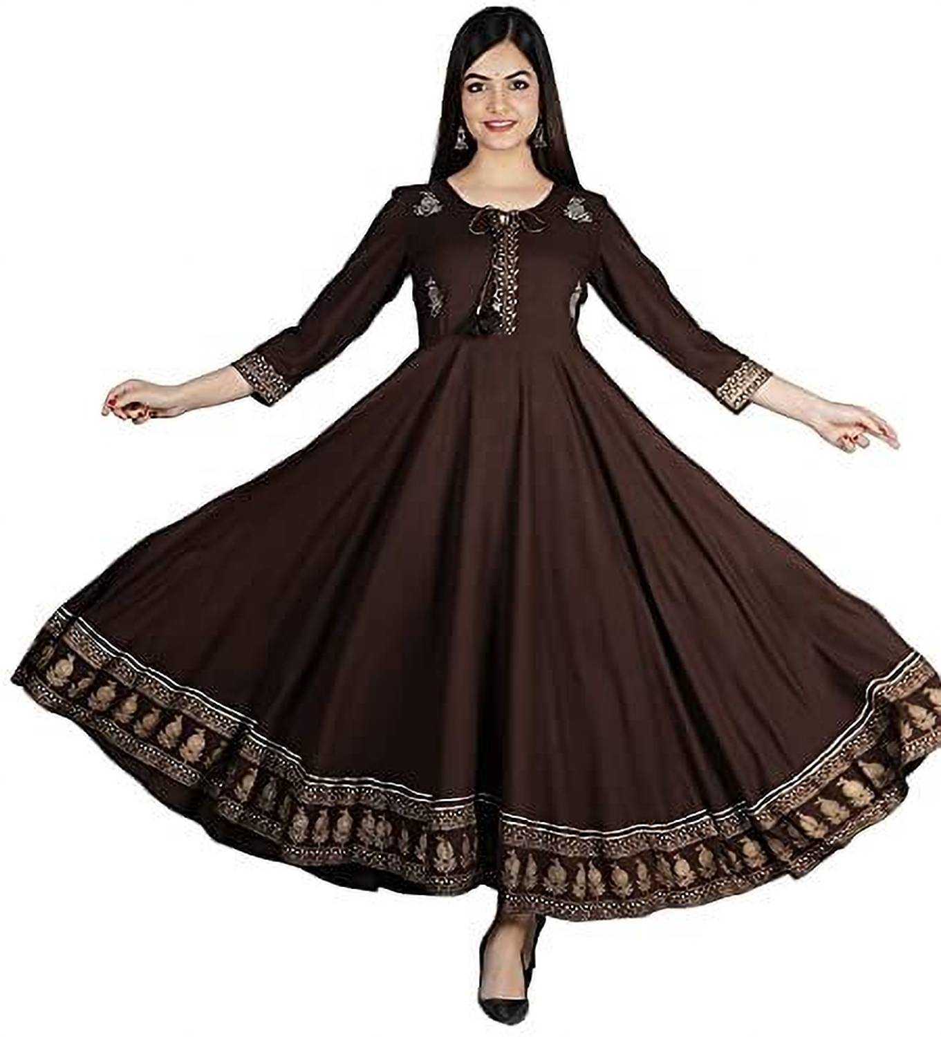 Style N Trend Women Printed Viscose Rayon Anarkali Kurta (Brown)