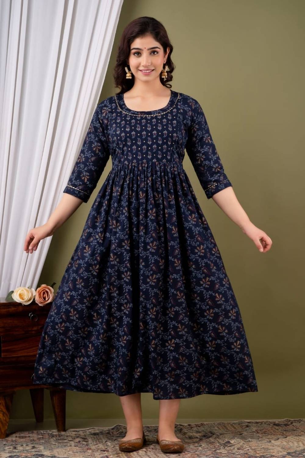 KASHVI CREATION Women Printed Pure Cotton Anarkali Kurta (Dark Bl