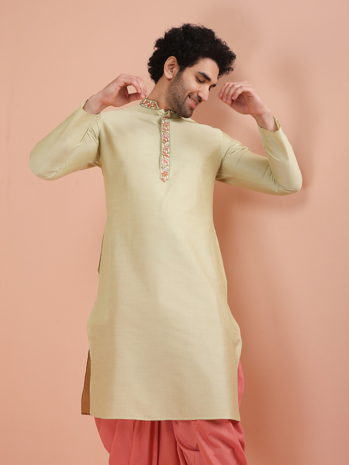 Image of Kisah Solid Silk Blend Straight Kurta for Men (Beige)