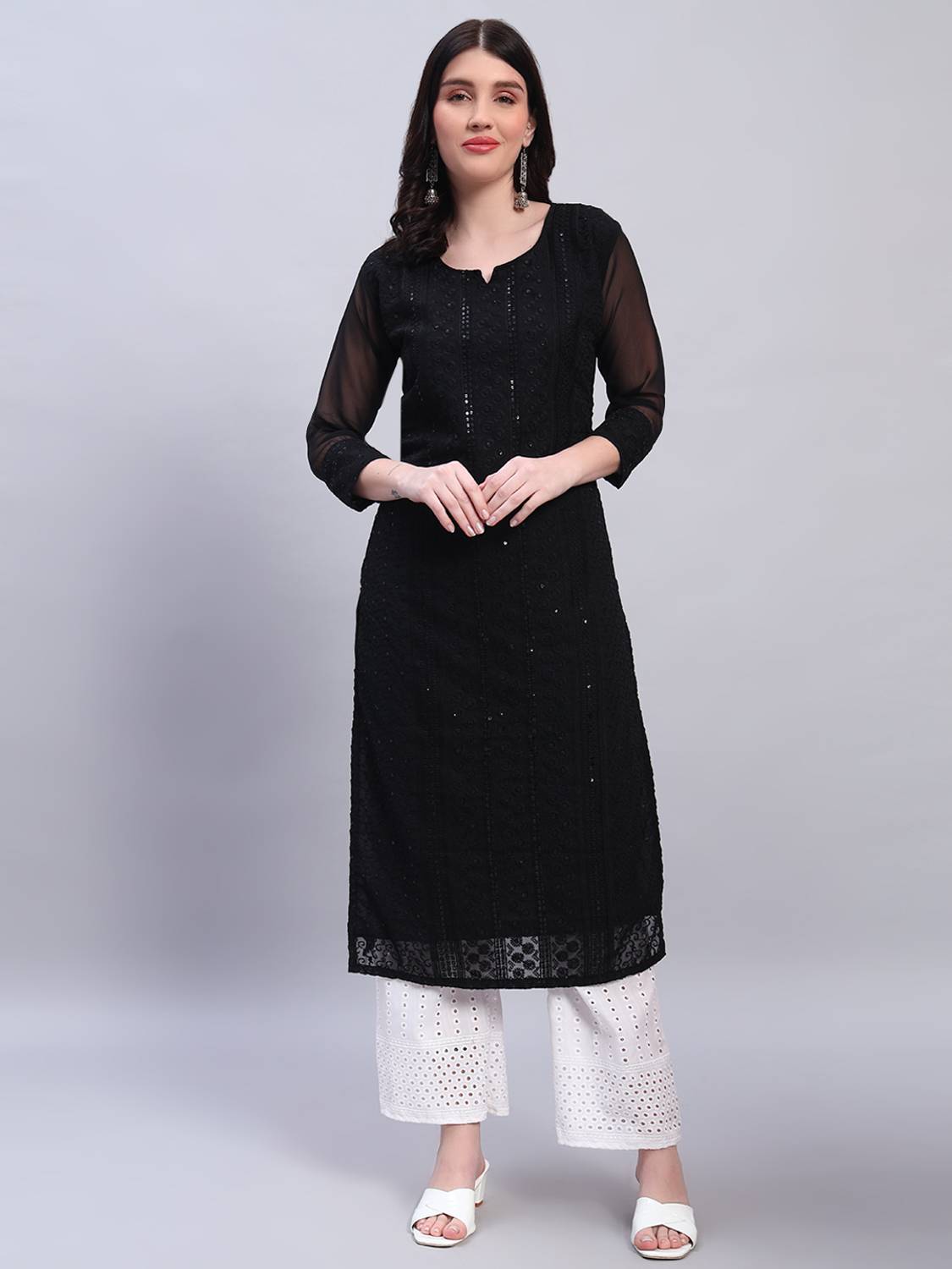 Umoly Women Chikan Embroidery Georgette A-line Kurta (Black)