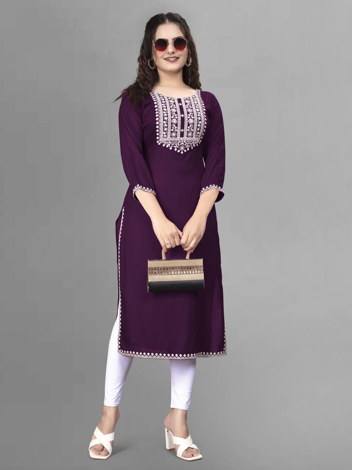 PATDOM Women Embroidered Viscose Rayon A-line Kurta (Purple, Whit