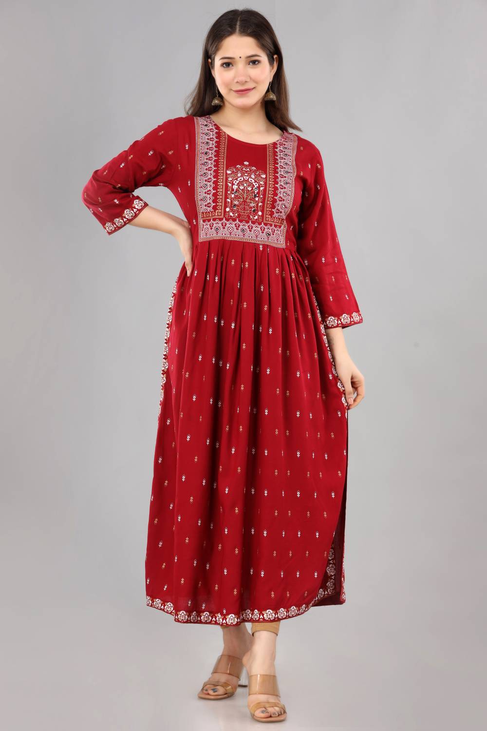 Saabhi Women Printed Viscose Rayon Flared Kurta (Maroon)