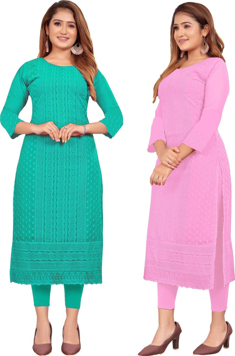 KAYRAAH Women Chikan Embroidery Georgette Straight Kurta (Green,