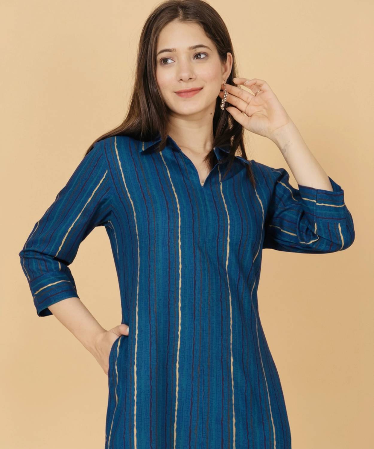Rimeline Women Striped Viscose Rayon A-line Kurta (Dark Blue)